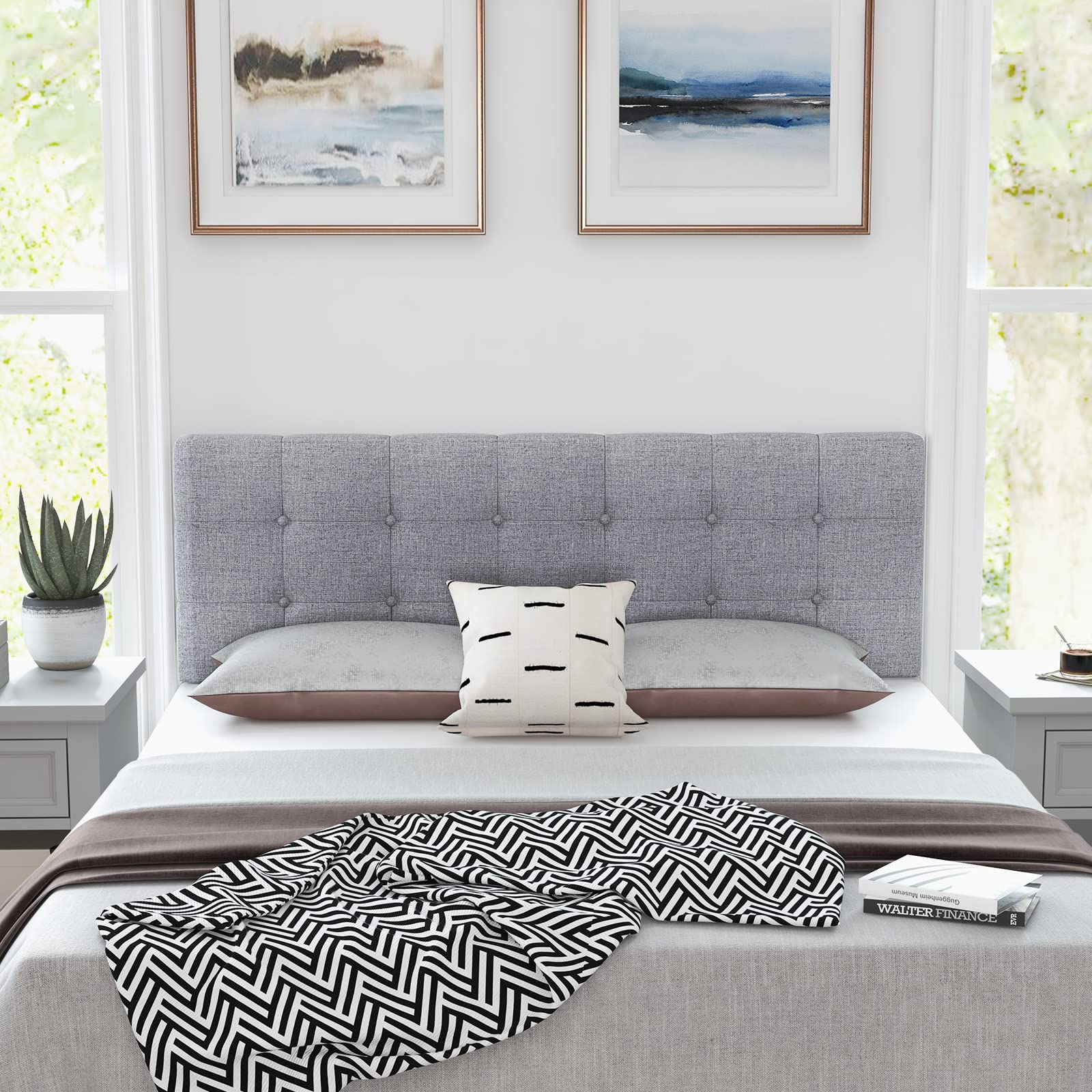 Linen Upholstered Headboard, Modern Tufted Button Bed Headboard with Solid Rubber Wood Legs