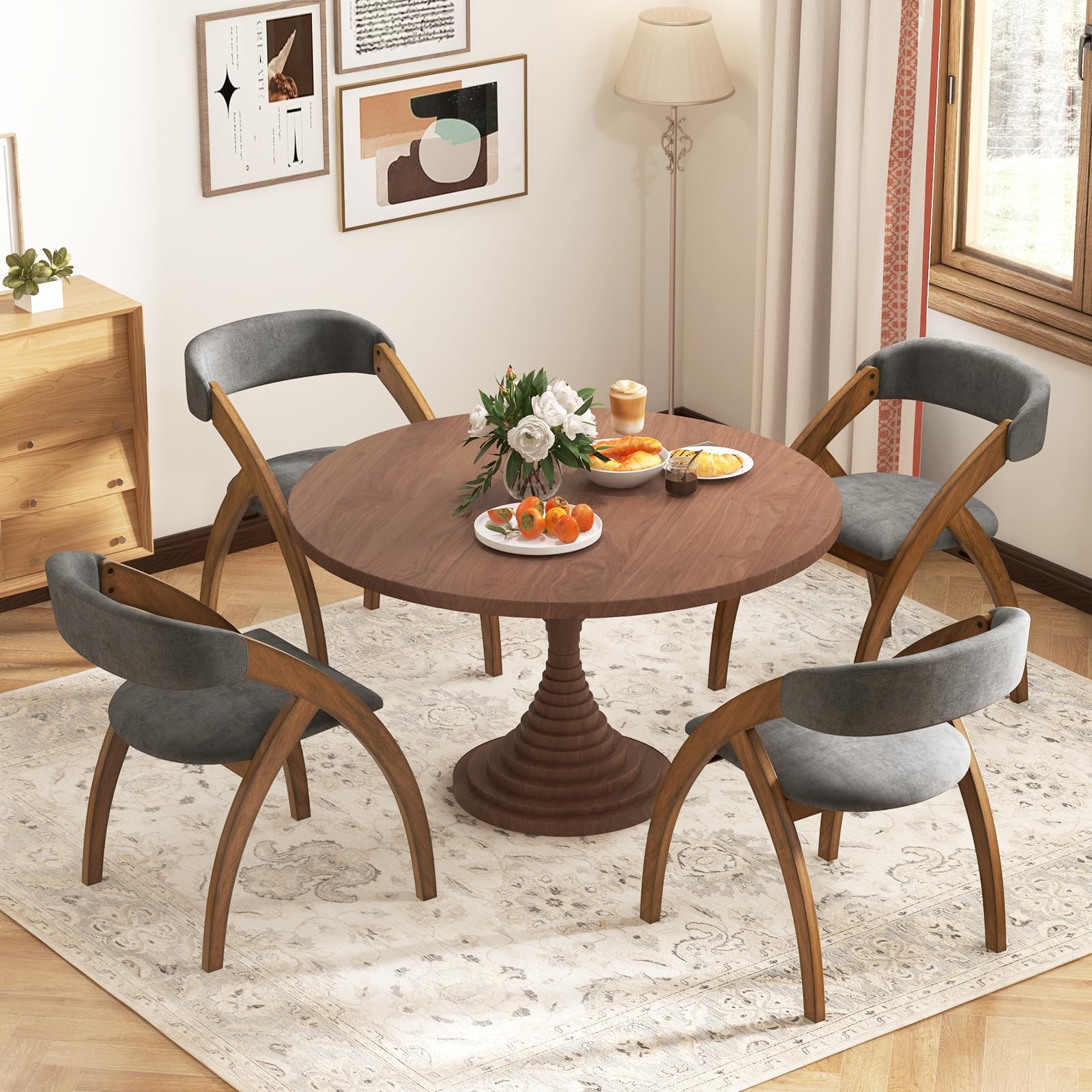 Wooden Dining Chairs Set of 2/4, Upholstered Kitchen Chairs w/Arched Rubber Wood Legs, Padded Cushion & Curved Back