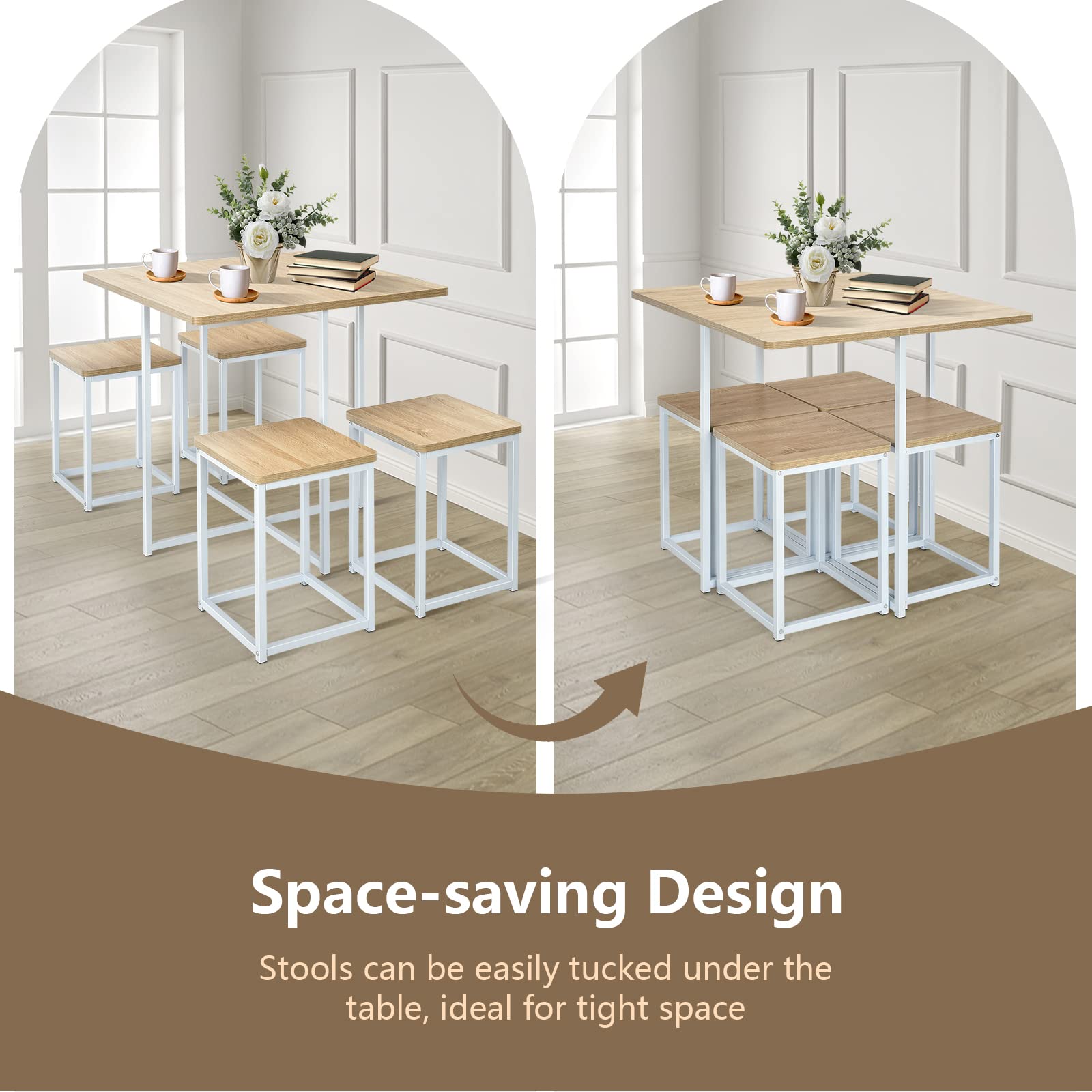 5 Piece Dining Table Set, Counter Kitchen Table and Chair Set for 4 Includes 1 Square Table and 4 Stools