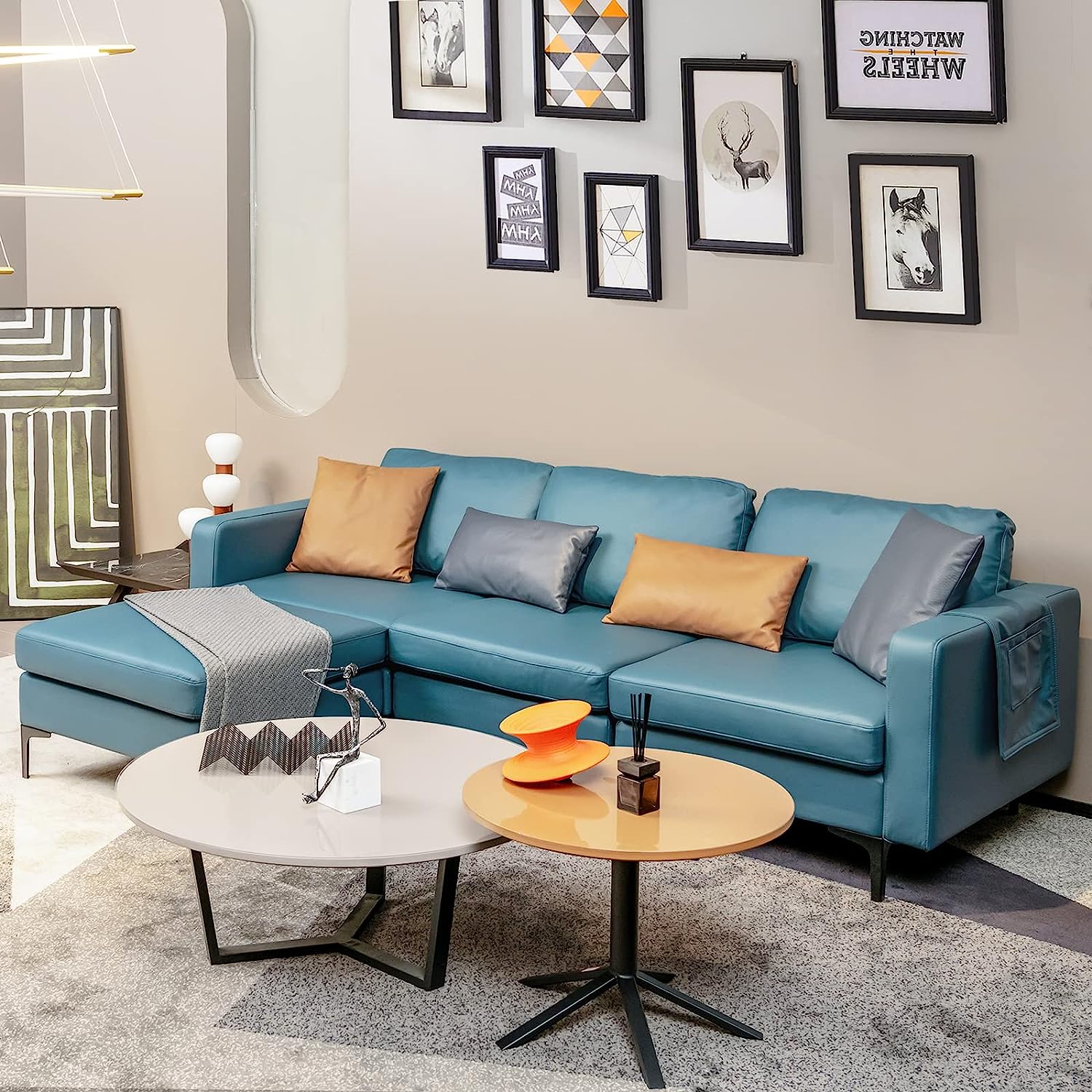Convertible Sectional Sofa Couch, 3-Seat L Shaped Couch with Reversible Ottoman, Built-in Socket & USB Ports