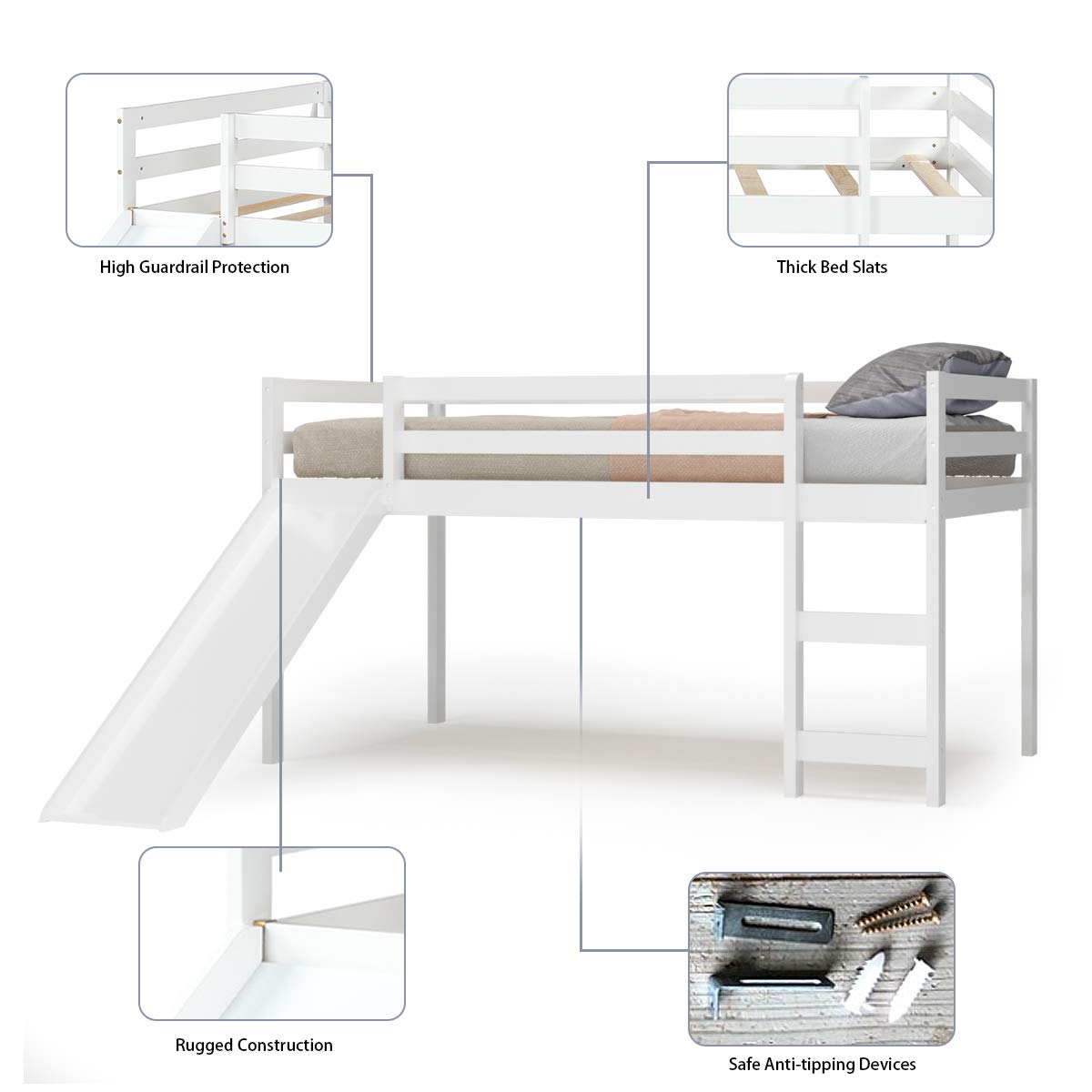 Twin Size Wood Low Loft Bed with Slide, Ladder & Guard Rail