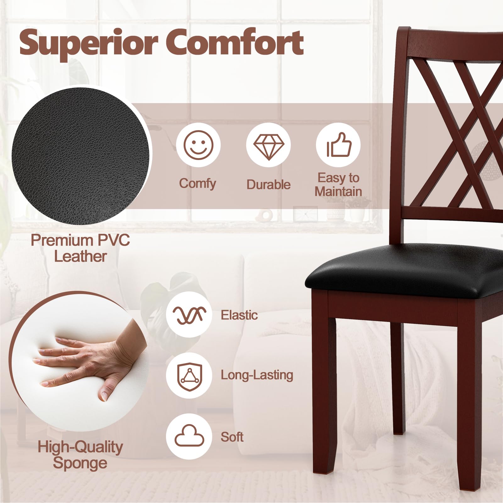 Wood Dining Chairs Set of 2/4, Faux Leather Upholstered Kitchen Chairs with Rubber Wood Legs, Padded Seat