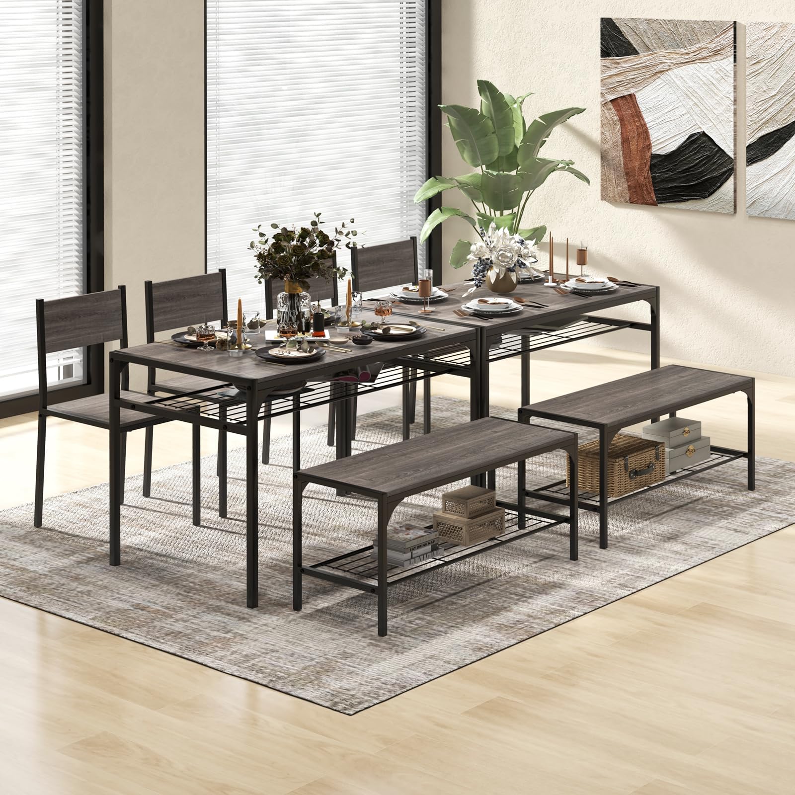 4 Pieces Dining Table Set, Kitchen Table and 2 Chairs for 4 with Bench, Storage Racks