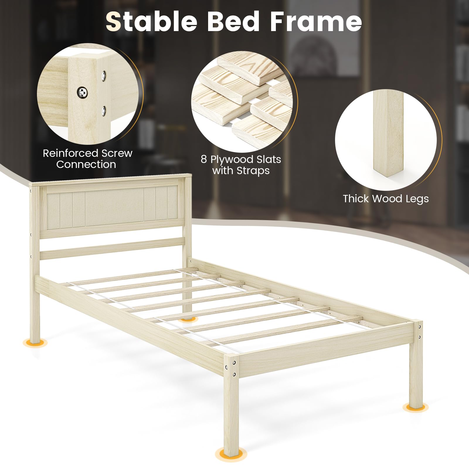 Wooden Platform Bed Frame with Headboard & Wood Slat Support