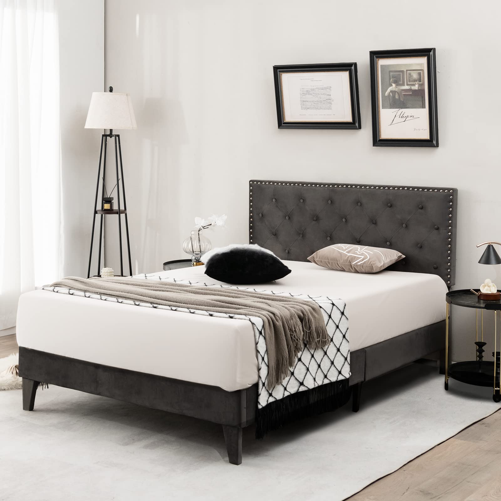 Full/Queen Size Upholstered Bed Frame with Tufted Headboard & Soft-padded Footboard