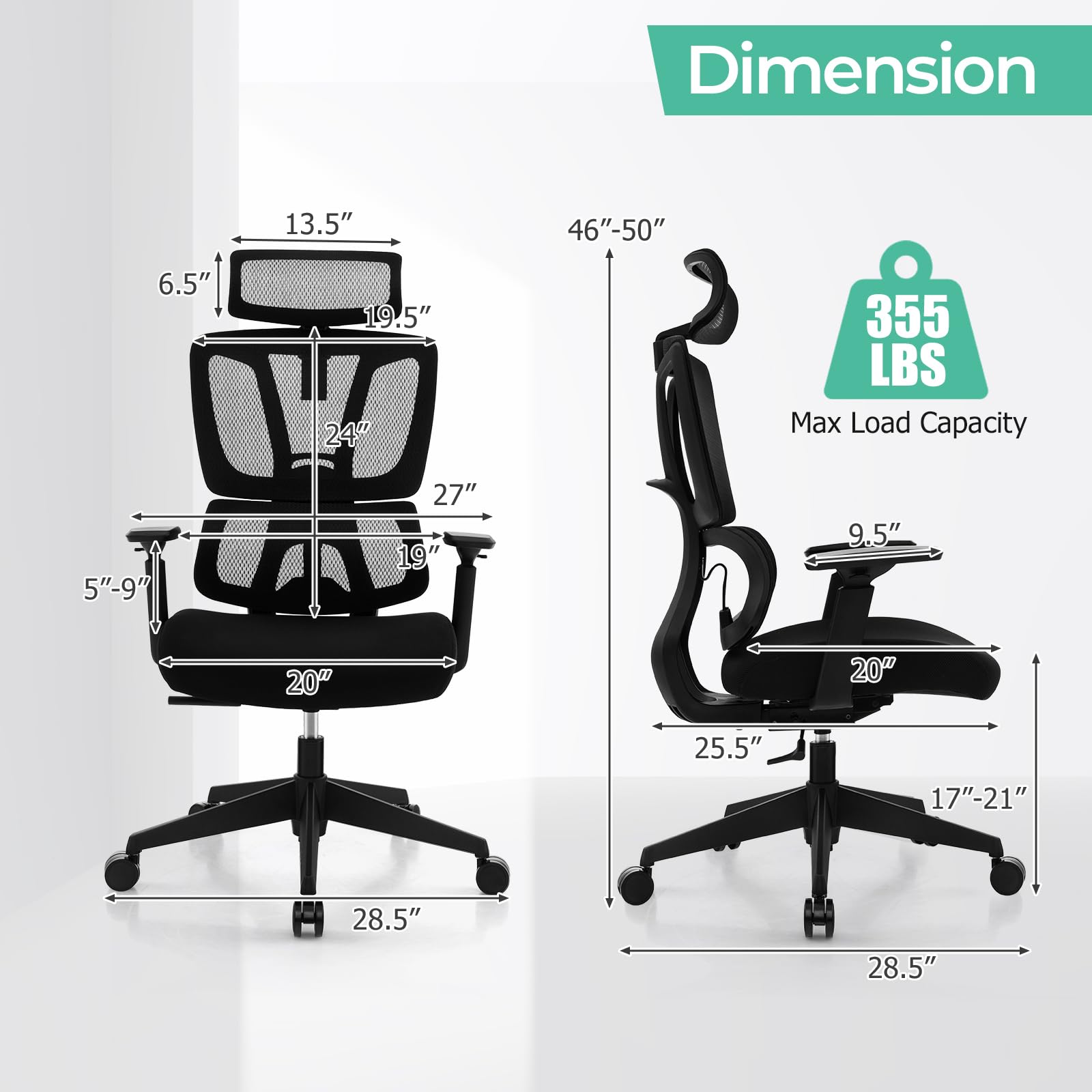Ergonomic Office Chair - Mesh Desk Chair with Adjustable Lumbar Support, Headrest & Armrests