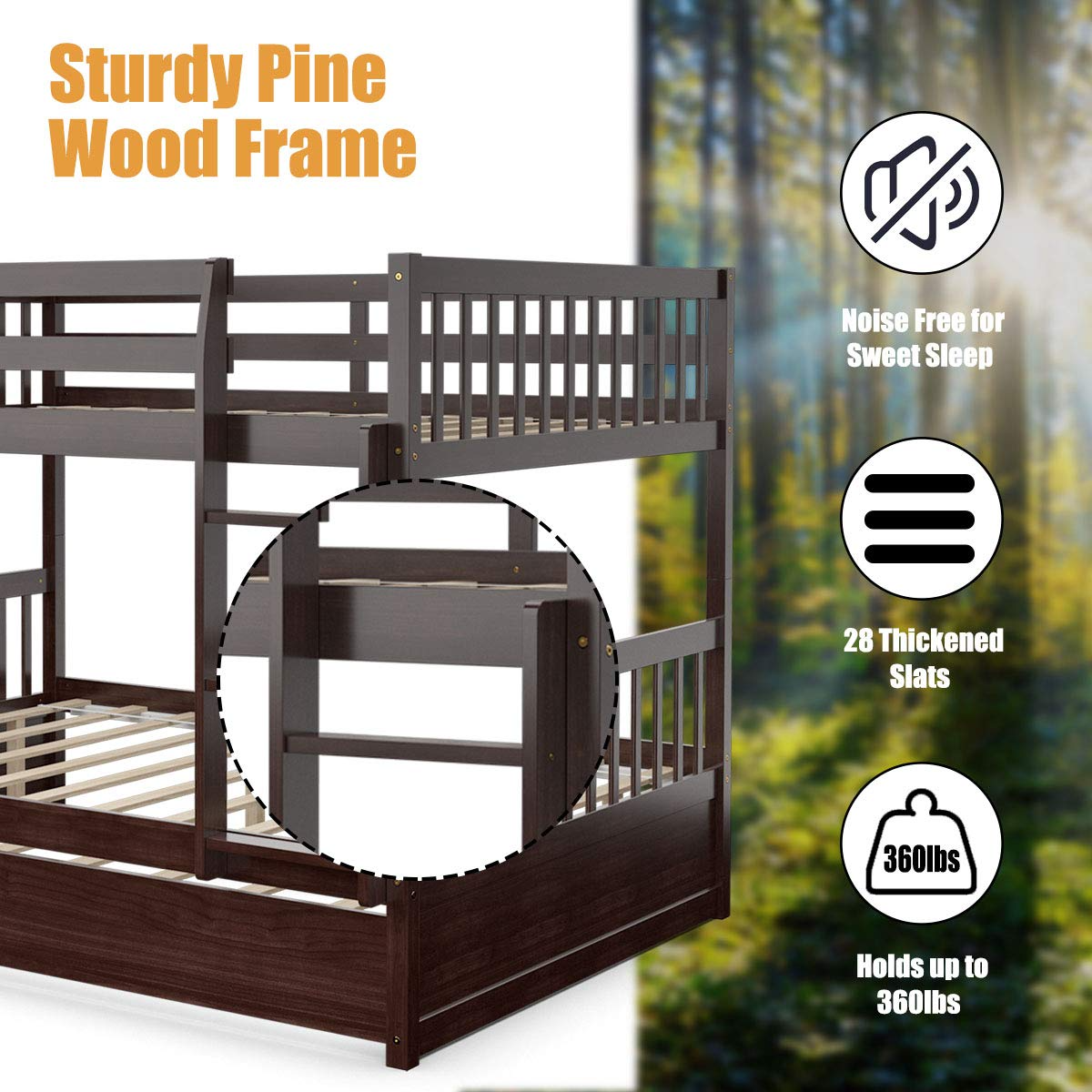 Full Over Full Wood Bunk Bed with Trundle, Ladder, Solid Wood Frame & Safety Guardrails