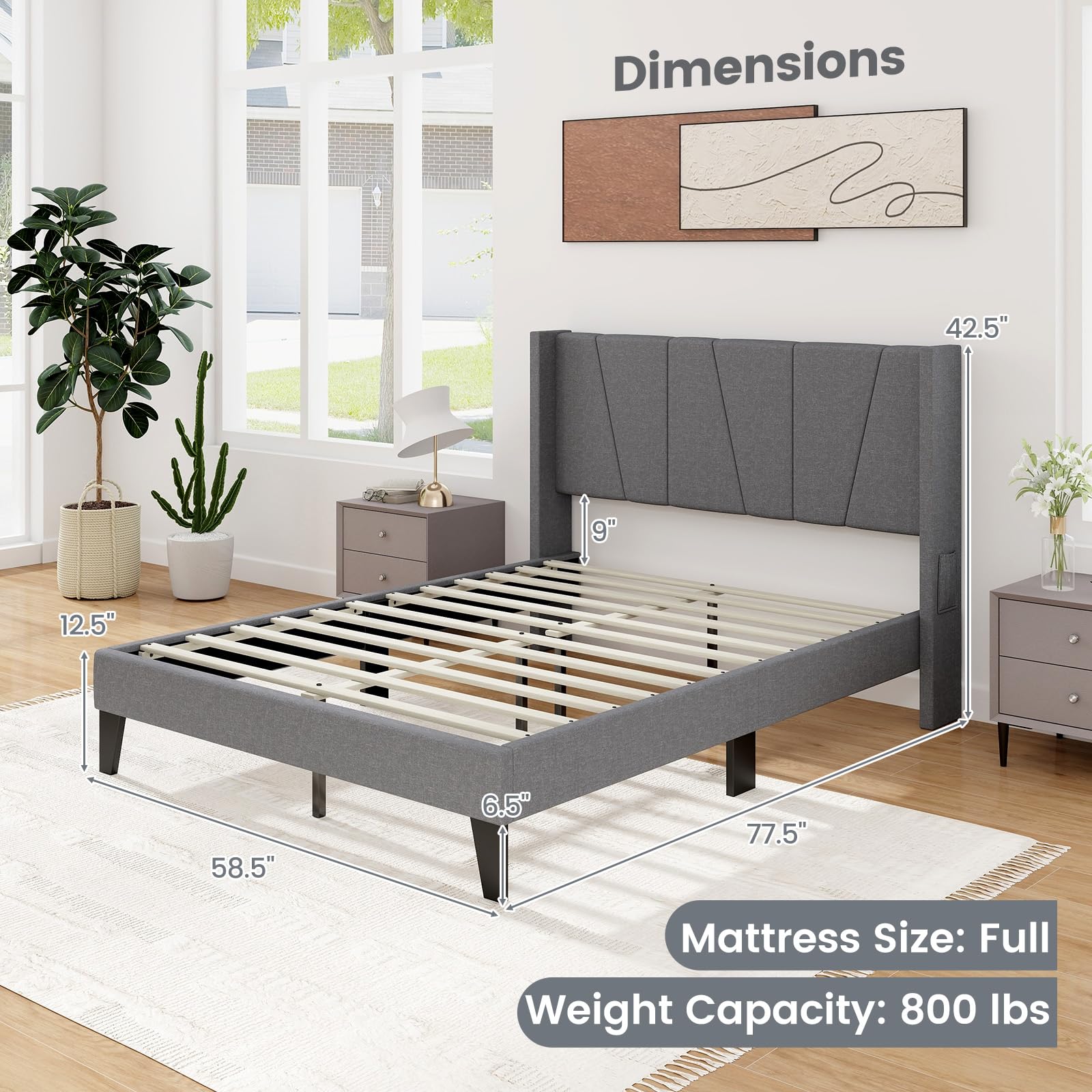Upholstered Bed Frame with Wingback Headboard