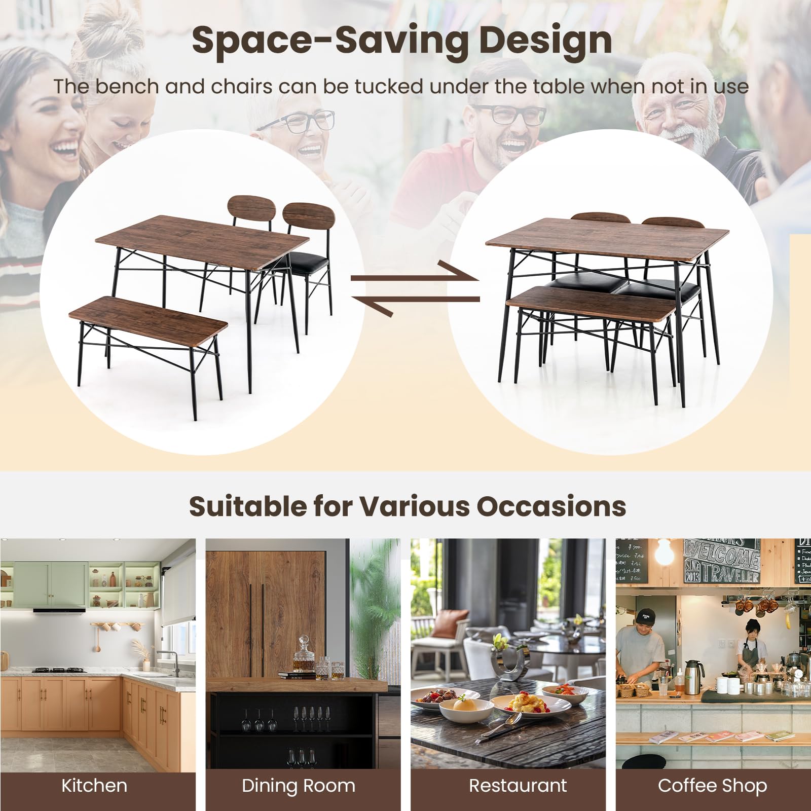 Dining Table Set for 4, Mid-Century Kitchen Furniture Set w/Kitchen Table, Bench & 2 Upholstered PVC Leather Chairs
