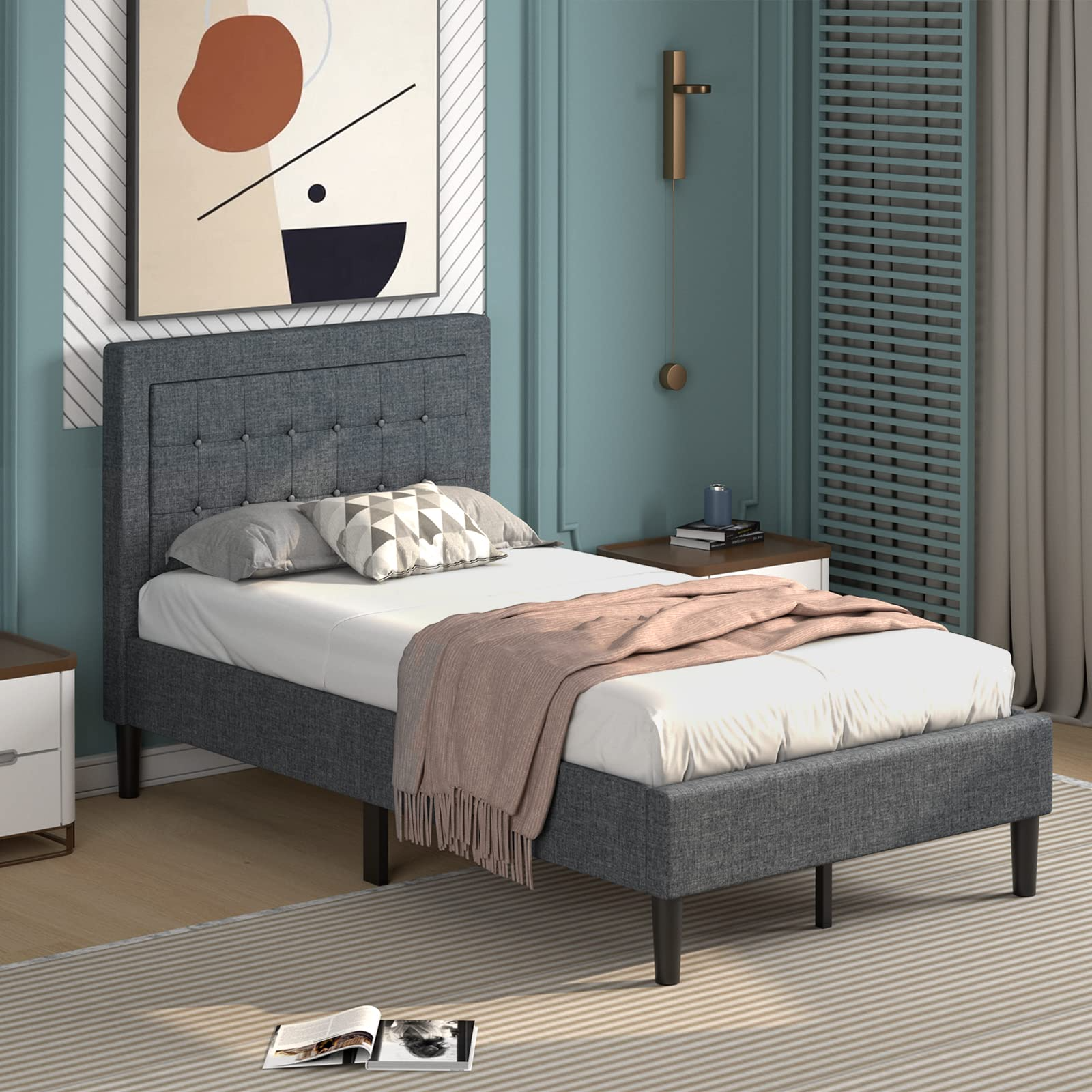 Twin Size Linen Upholstered Platform Bed Frame with Button Tufted Headboard and Wooden Slats