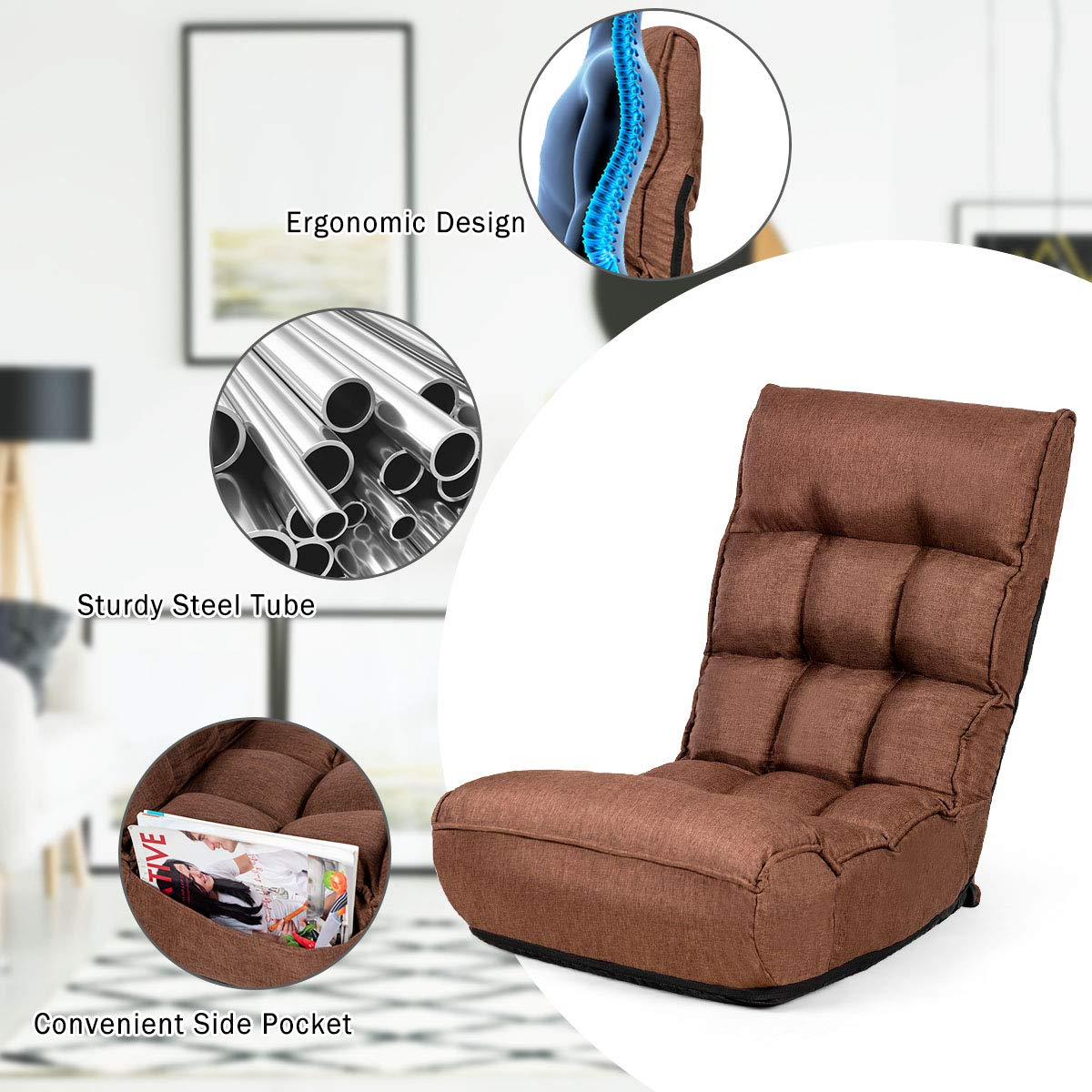 Folding Floor Gaming Chair with 4-Position Adjustable Back, 6-Position Adjustable Headrest, Side Pocket