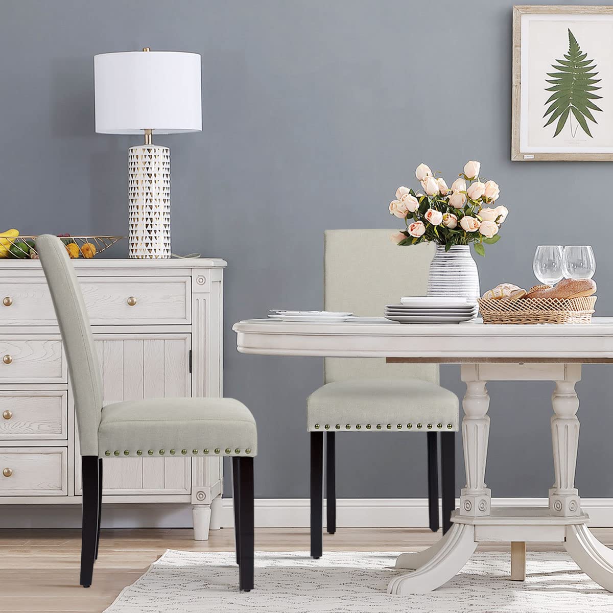 Upholstered Dining Chairs Set of 2, Fabric Side Chairs with Wood Legs, Soft Padded Seat