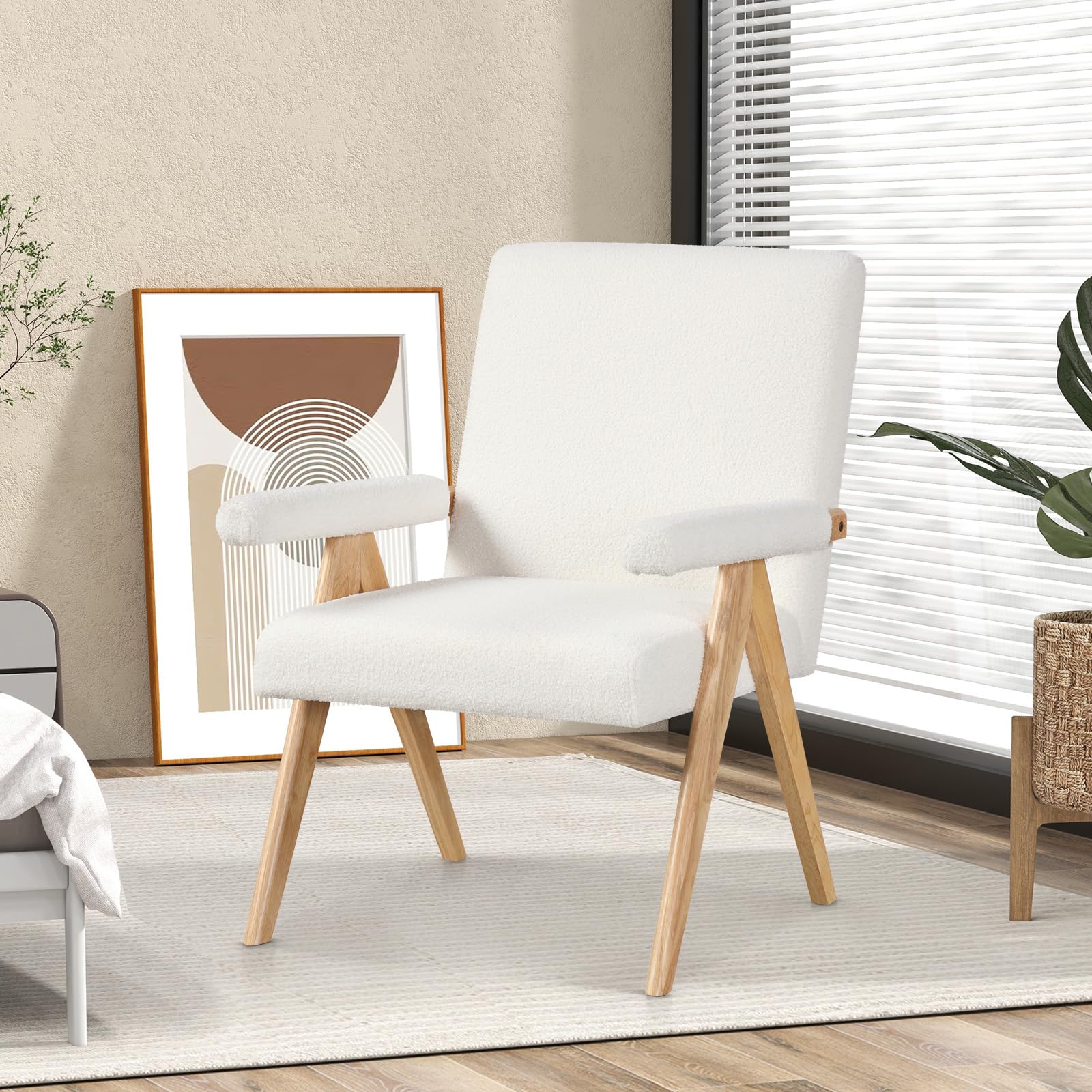 Mid-Century Modern Accent Chair, Sherpa Fabric Reading Chair with Padded Armrests, Solid Rubber Wood Frame