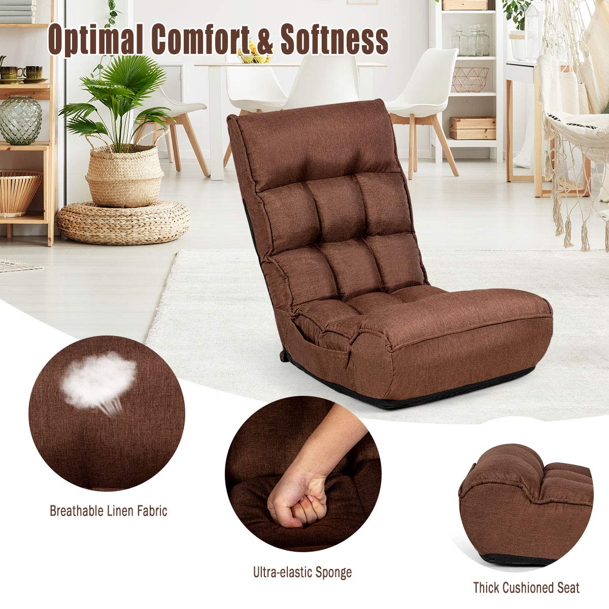 Folding Floor Gaming Chair with 4-Position Adjustable Back, 6-Position Adjustable Headrest, Side Pocket