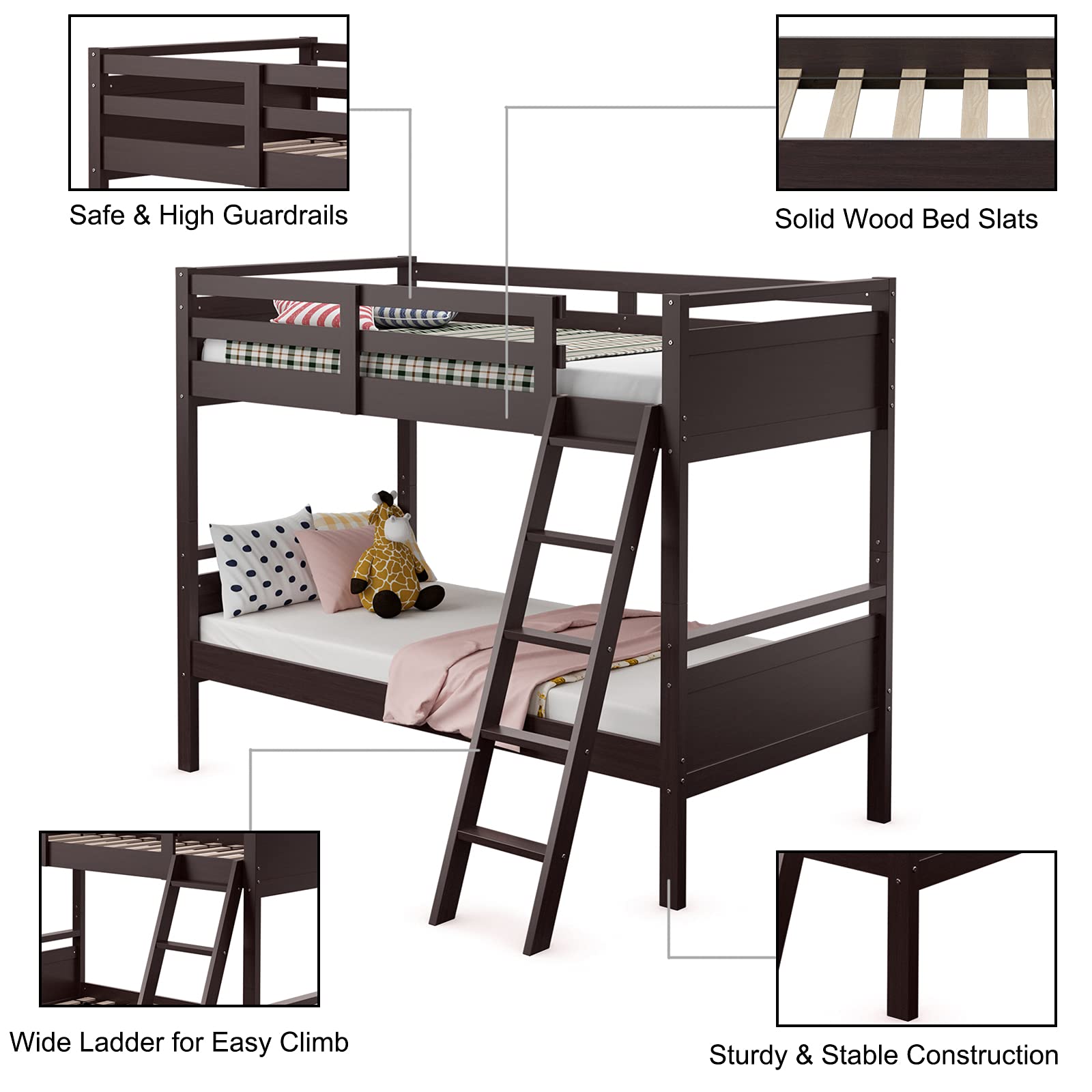 Twin-Over-Twin Wood Bunk Bed, Multifunction Convertible 2 Individual Beds