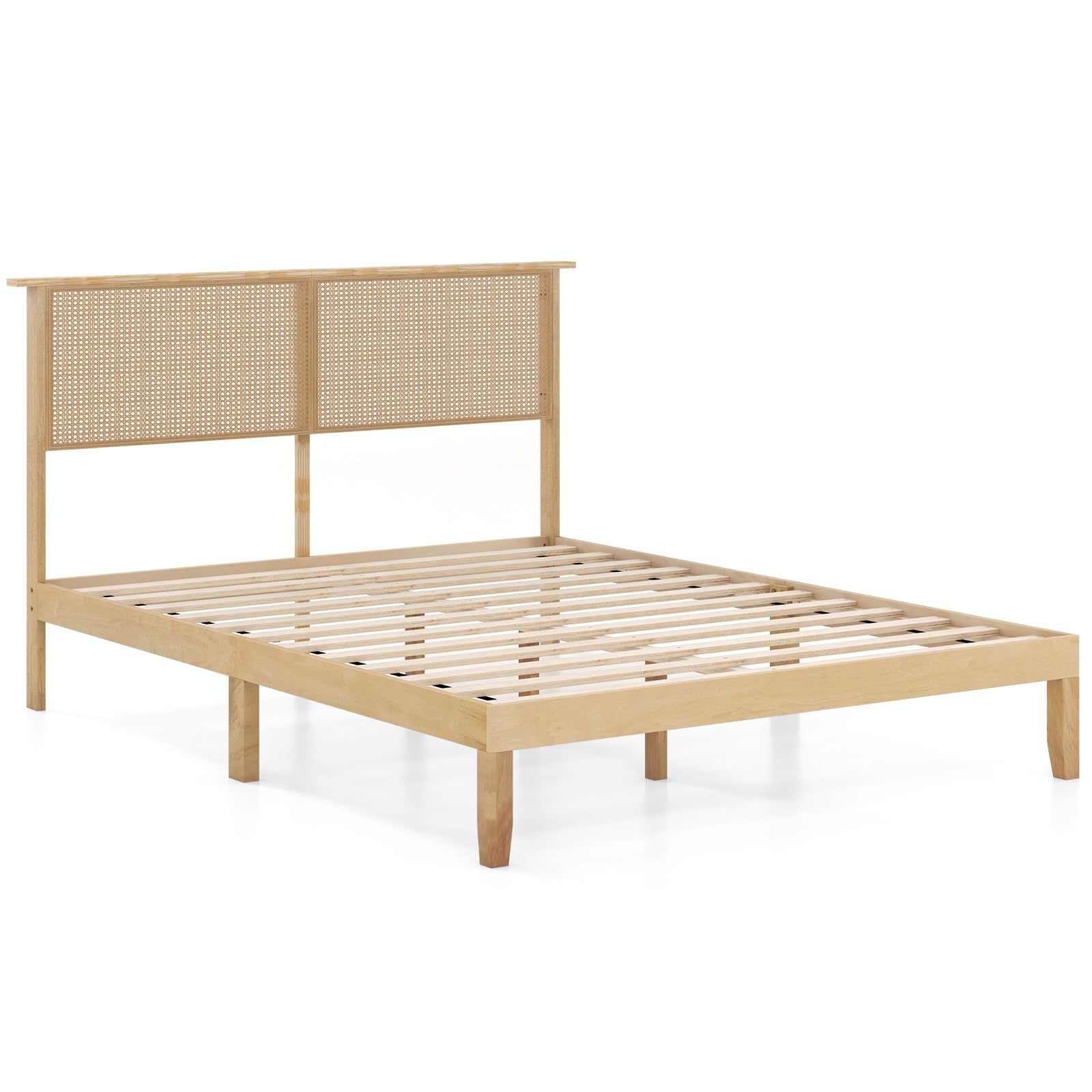 Wood Platform Bed Frame with Rattan Headboard, Wooden Slats & Under-Bed Storage