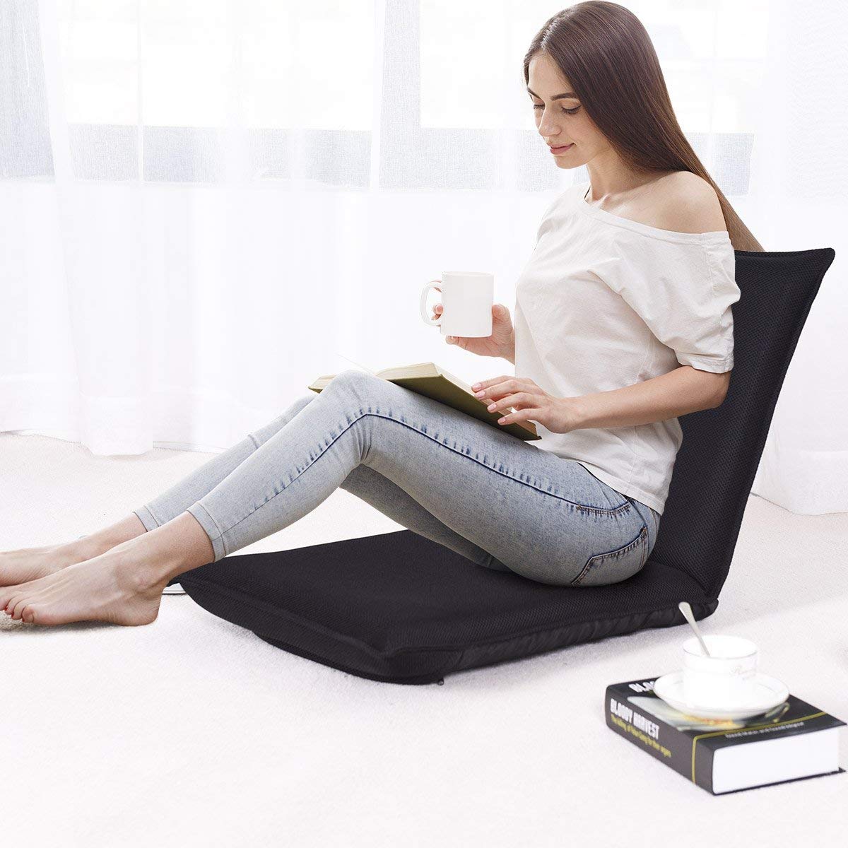 Adjustable Mesh Floor Sofa Chair, 6-Position Multi-Angle Padded Floor Chair for Gaming Reading Meditation