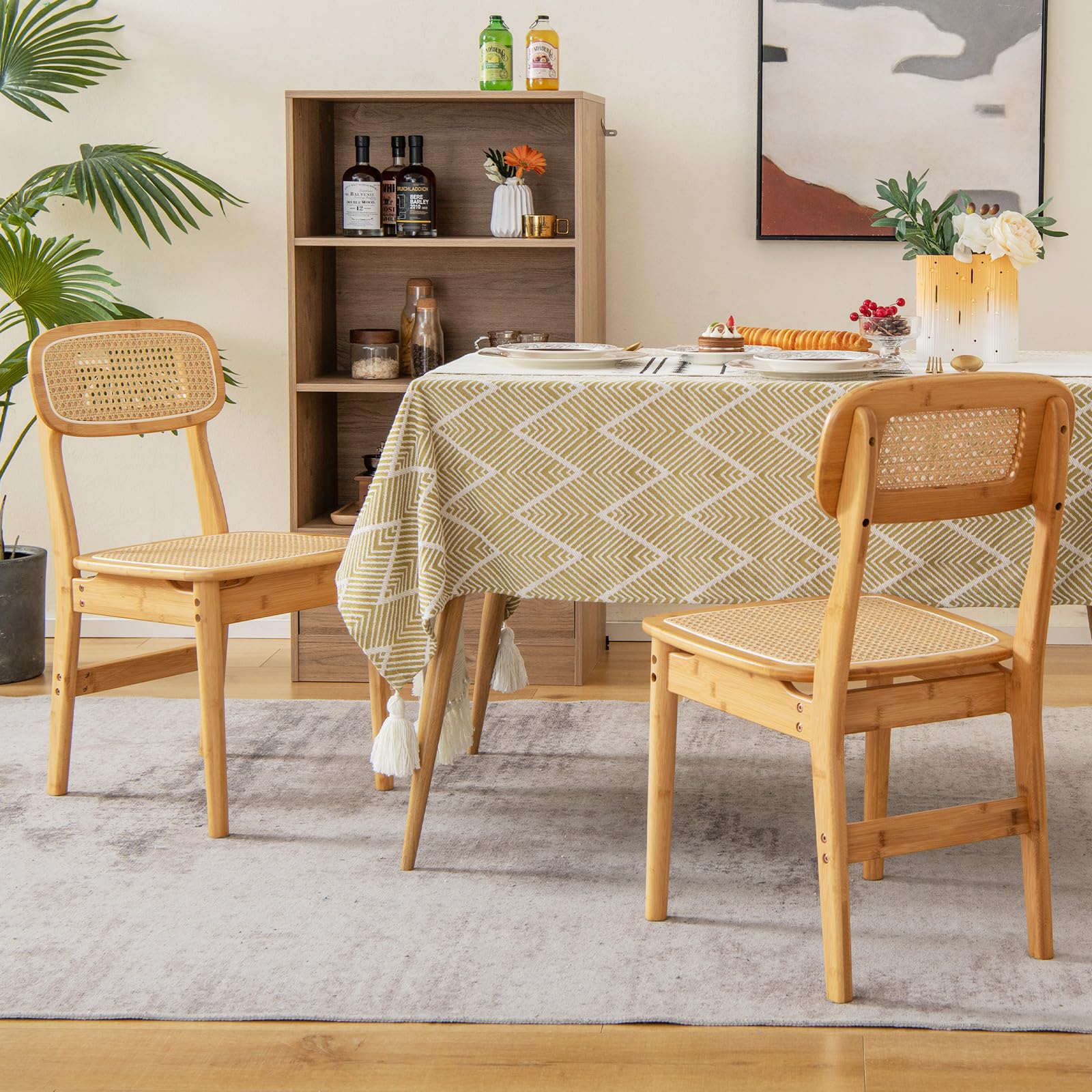 Rattan Dining Chairs Set of 2/4, Bamboo Armless Dining Room Chairs