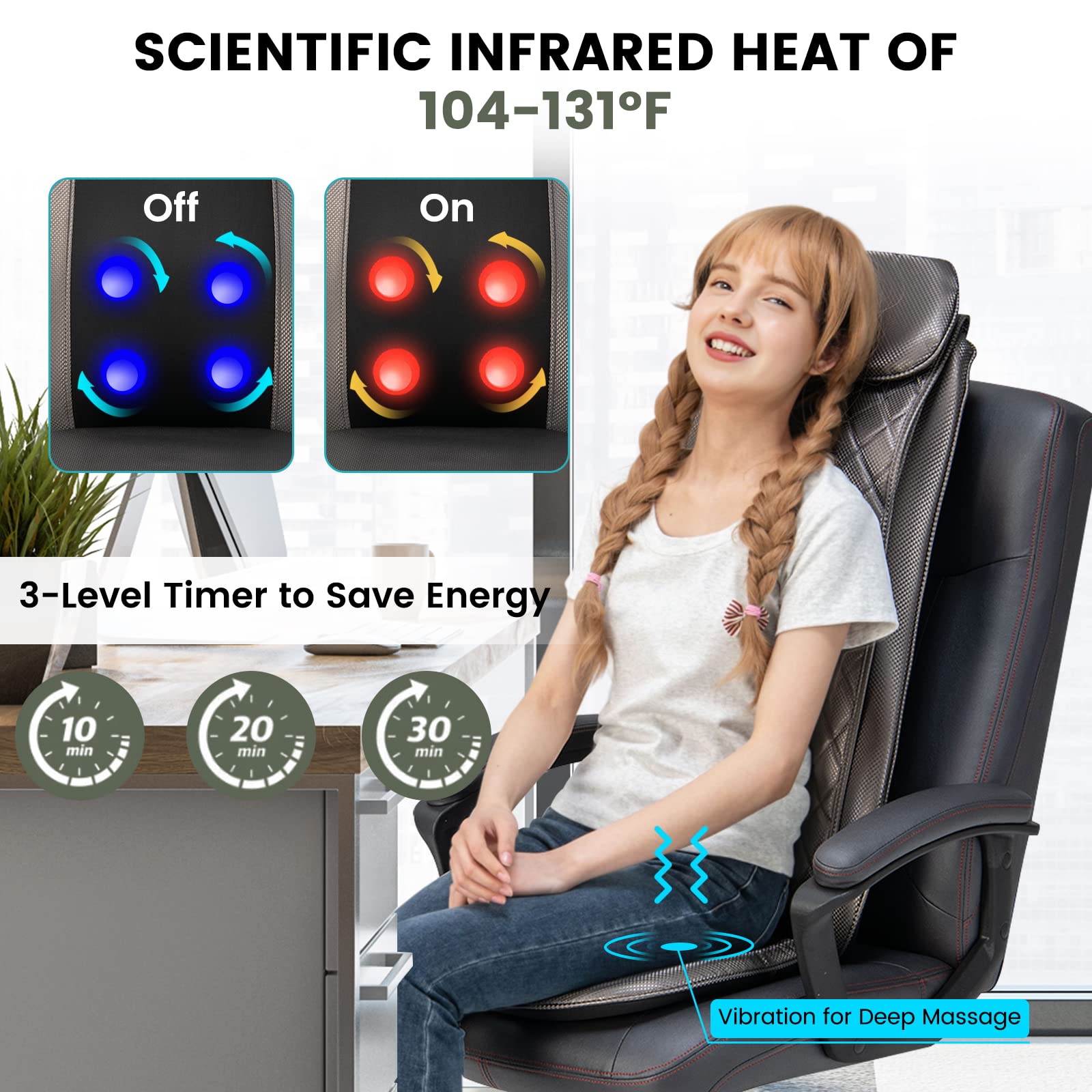 Back Massager Chair Pad - Massage Seat Cushion with Heat & Vibration, Removable Neck Pillow & Back Flap