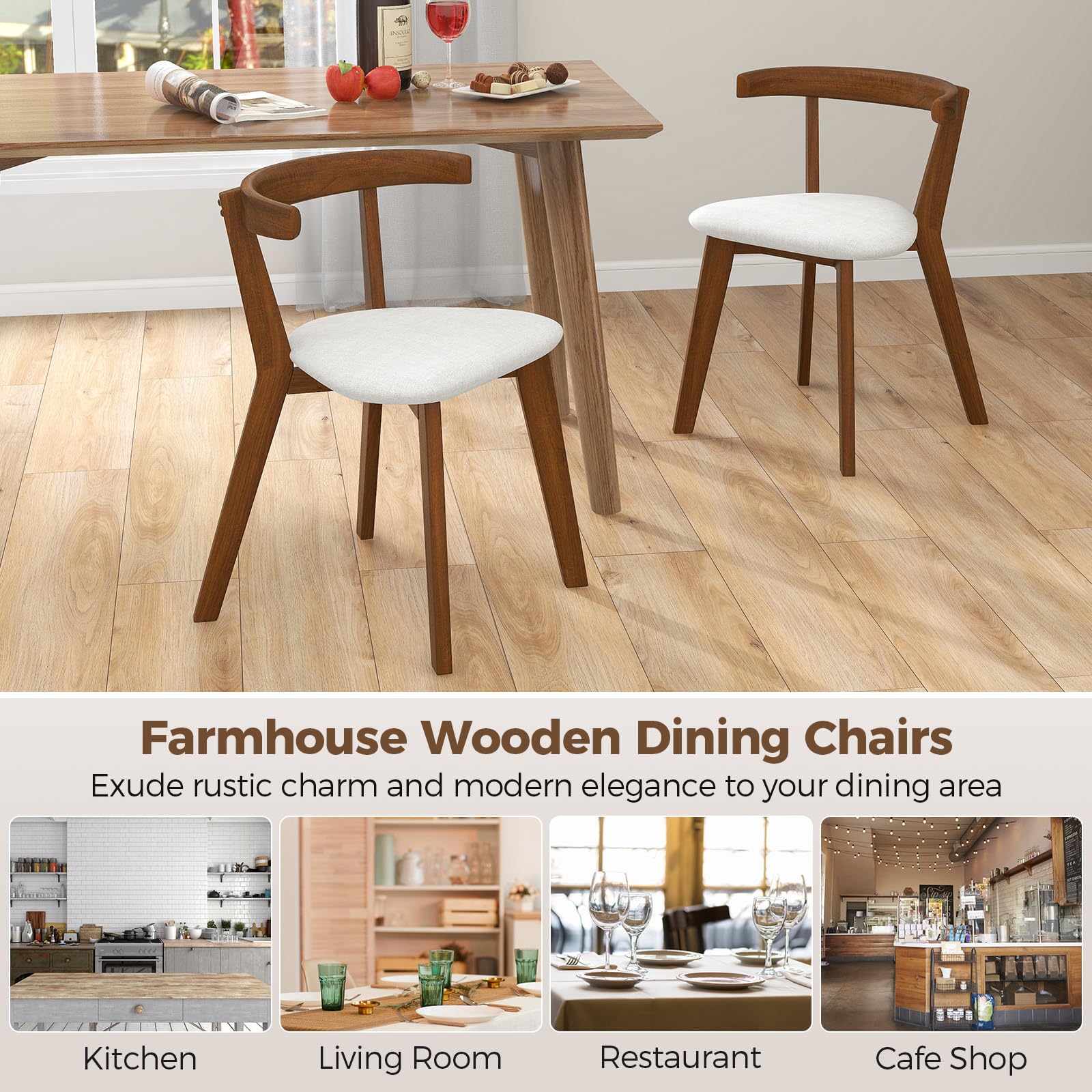 Wooden Dining Chairs Set of 2/4, Farmhouse Hanging Kitchen Chairs w/Rubber Wood Frame, Padded Seat, Curve Back