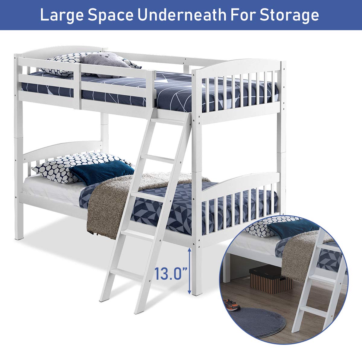 Twin Over Twin Bunk Beds, Convertible Into Two Individual Solid Rubberwood Beds