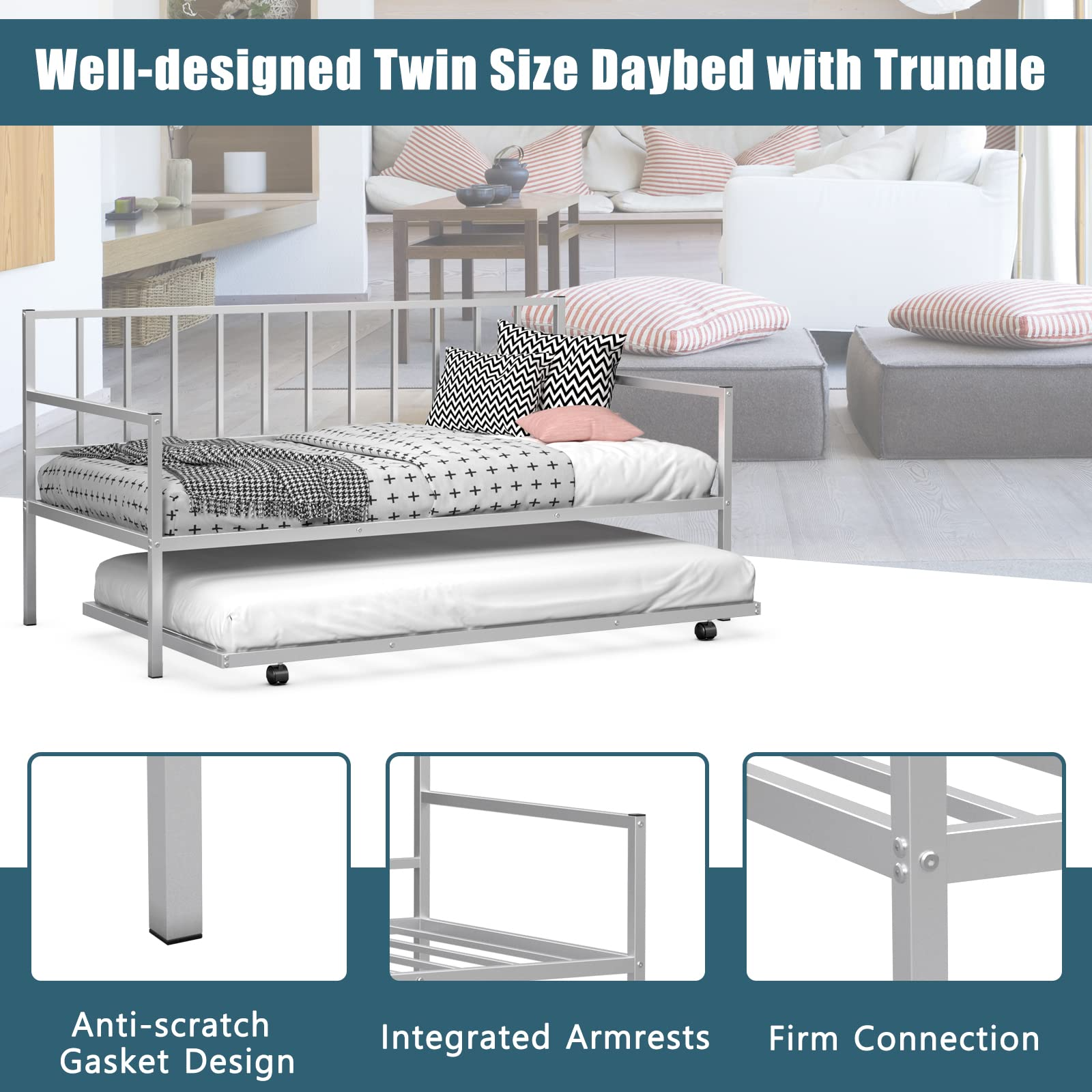 Metal Twin Size Daybed with Trundle
