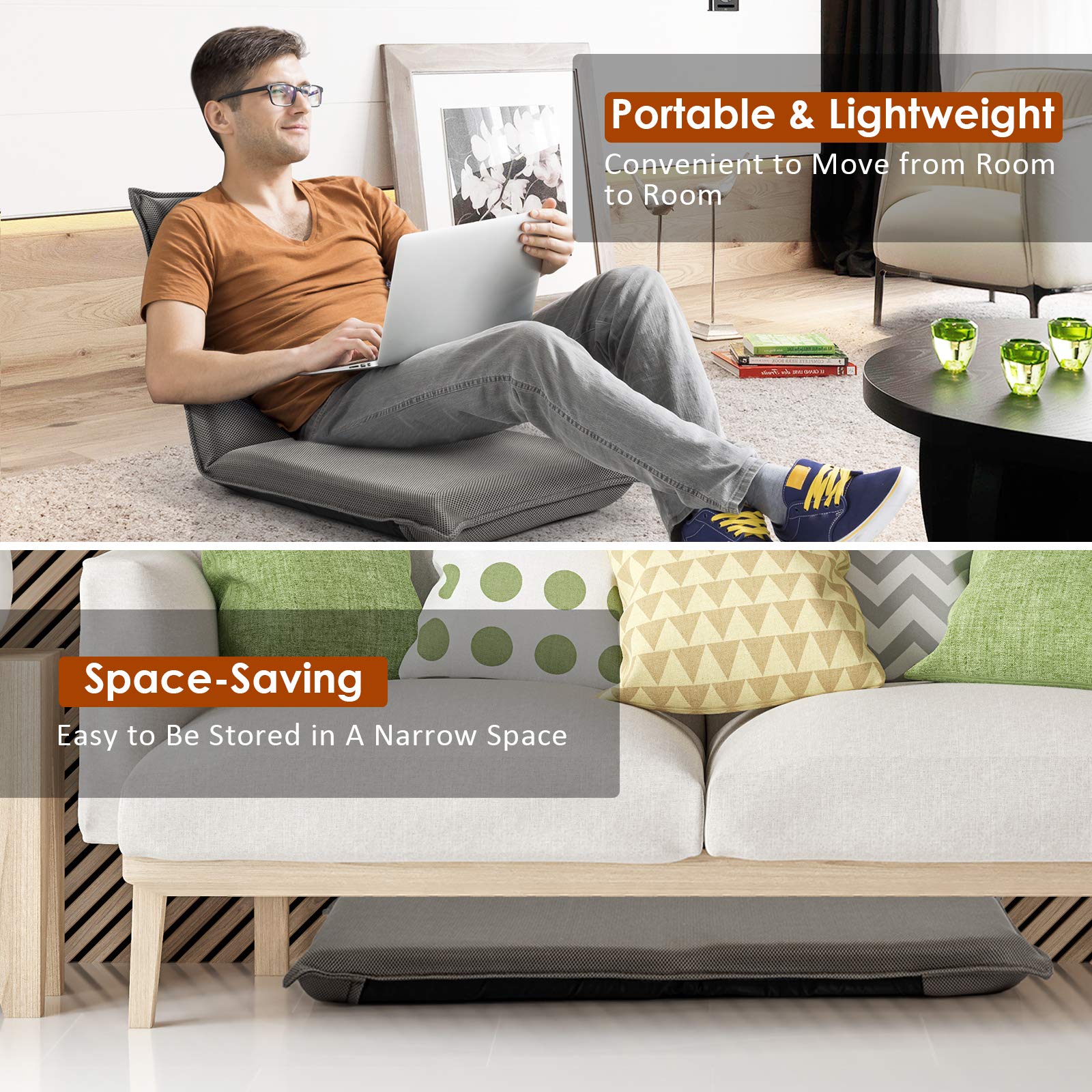 Adjustable Mesh Floor Sofa Chair, 6-Position Multi-Angle Padded Floor Chair for Gaming Reading Meditation