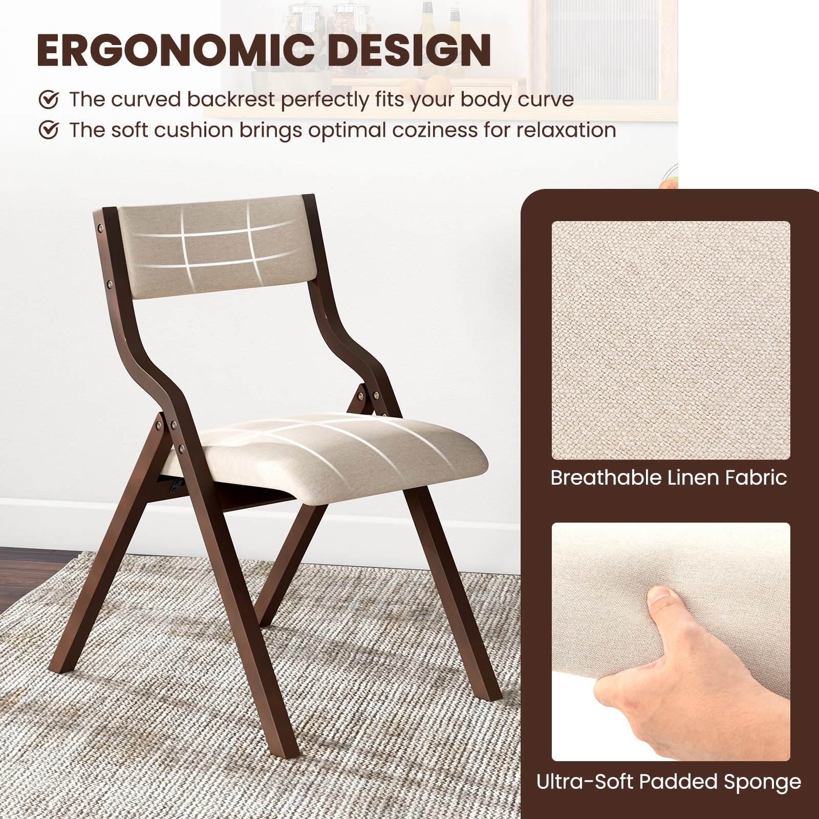 Folding Dining Chairs Set of 2/4, Foldable Chairs with Padded Seat and Solid Wood Frame