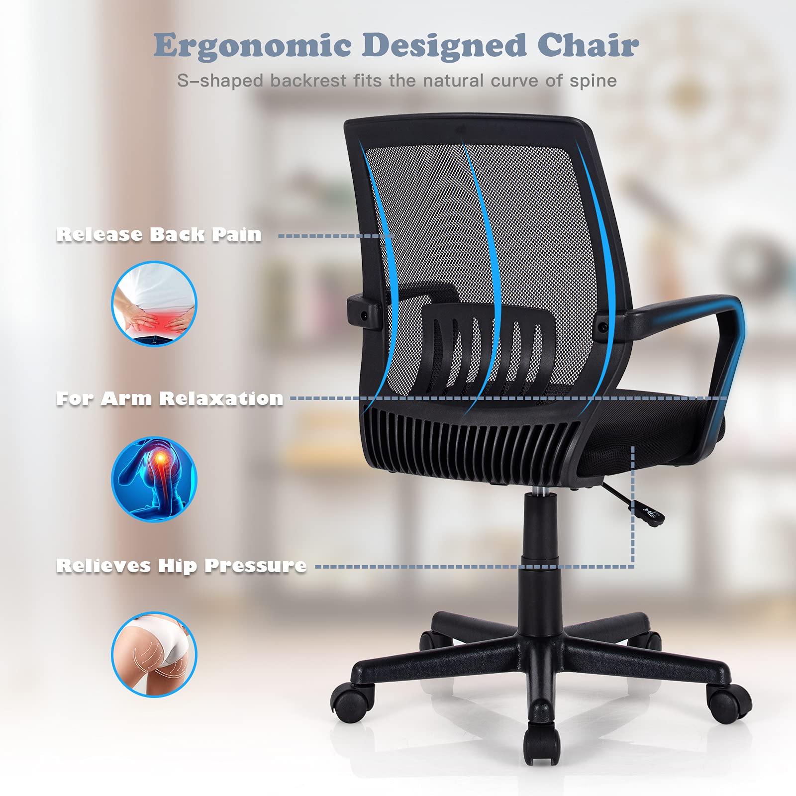 Office Chair, Mesh Desk Chairs with Wheels, Lumbar Support, Waterfall Seat