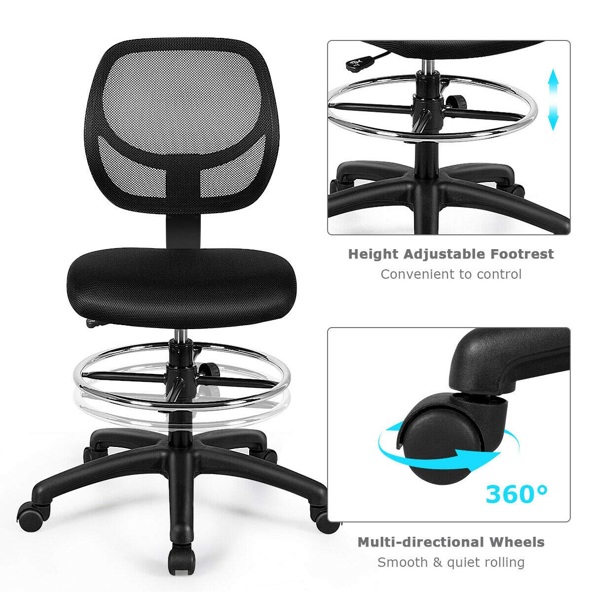 Mesh Drafting Chair, Standing Desk Chair w/Footrest Ring
