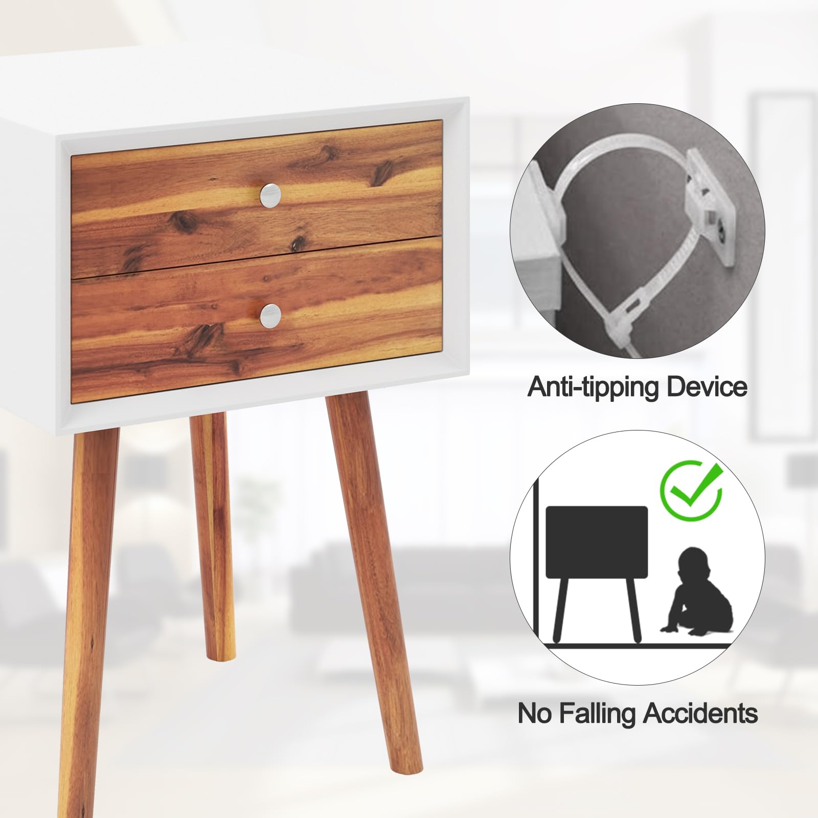 2-Drawer Nightstand, Mid-Century Modern Bed Side Table with Storage
