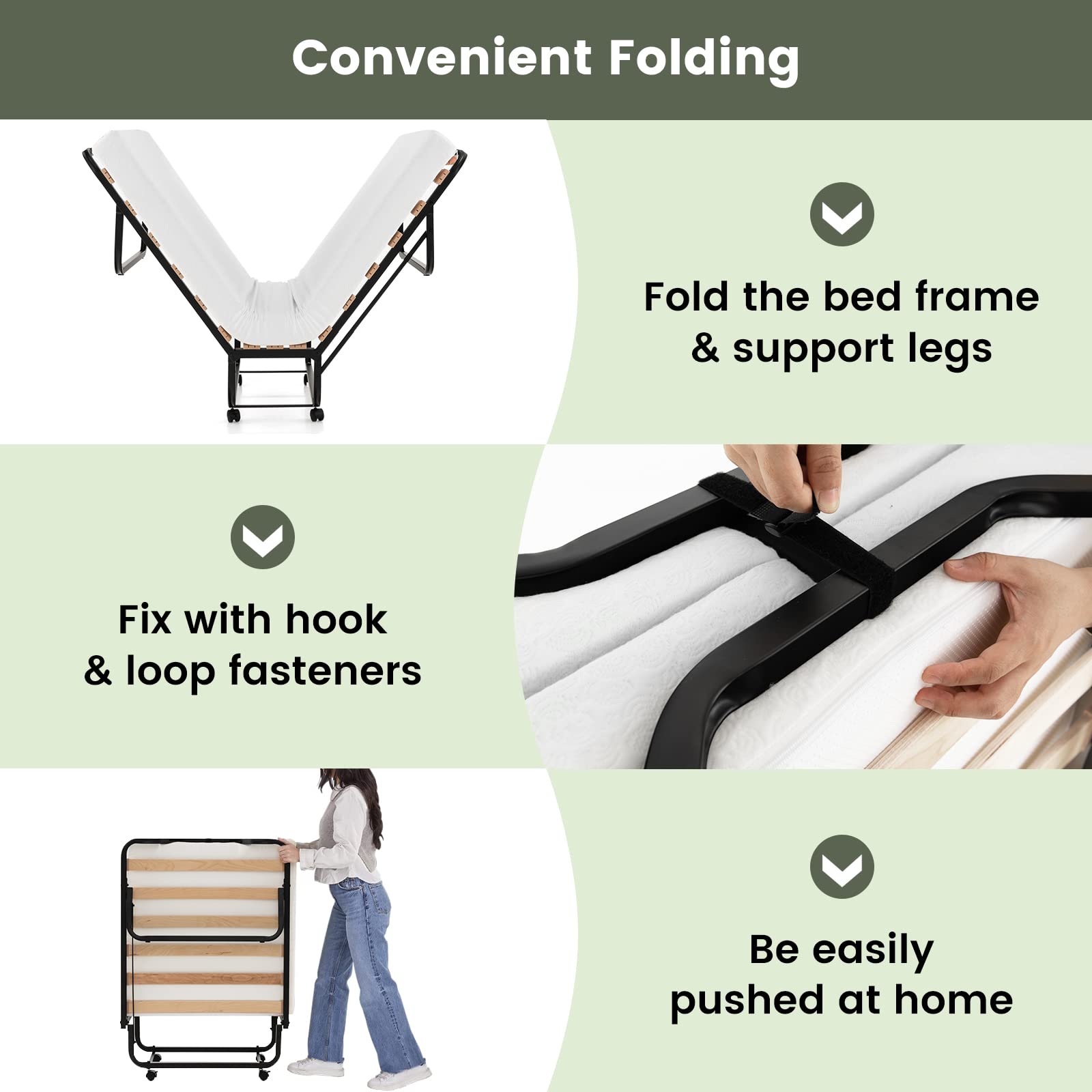 Folding Bed with 4 Inch Mattress for Adults, Cot Size Rollaway Guest Bed w/Memory Foam Mattress & Solid Wood Slats