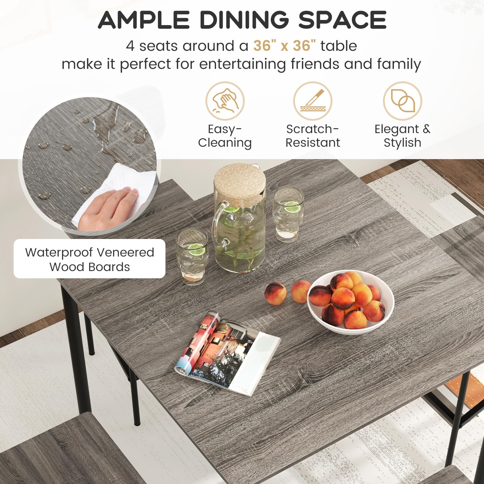 5 Piece Dining Table Set with Counter Height Table & 4 Bar Stools, Industrial Kitchen Dining Table Set  with Footrest & Backrest