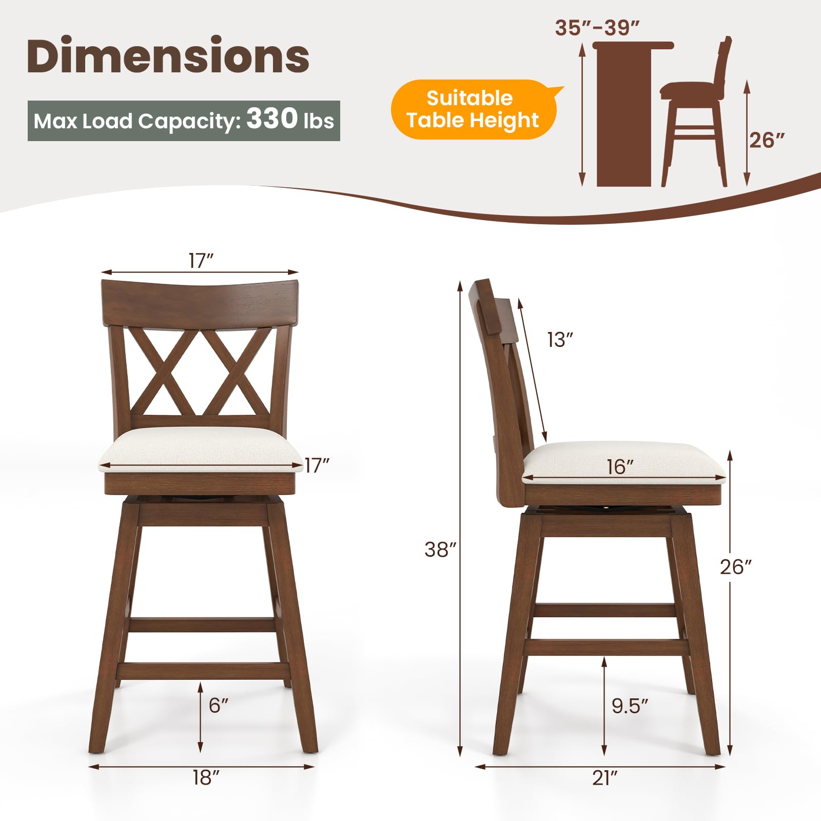 Swivel Counter Height Bar Stool with Contoured Backrest, Padded Seat & Rubber Wood Legs