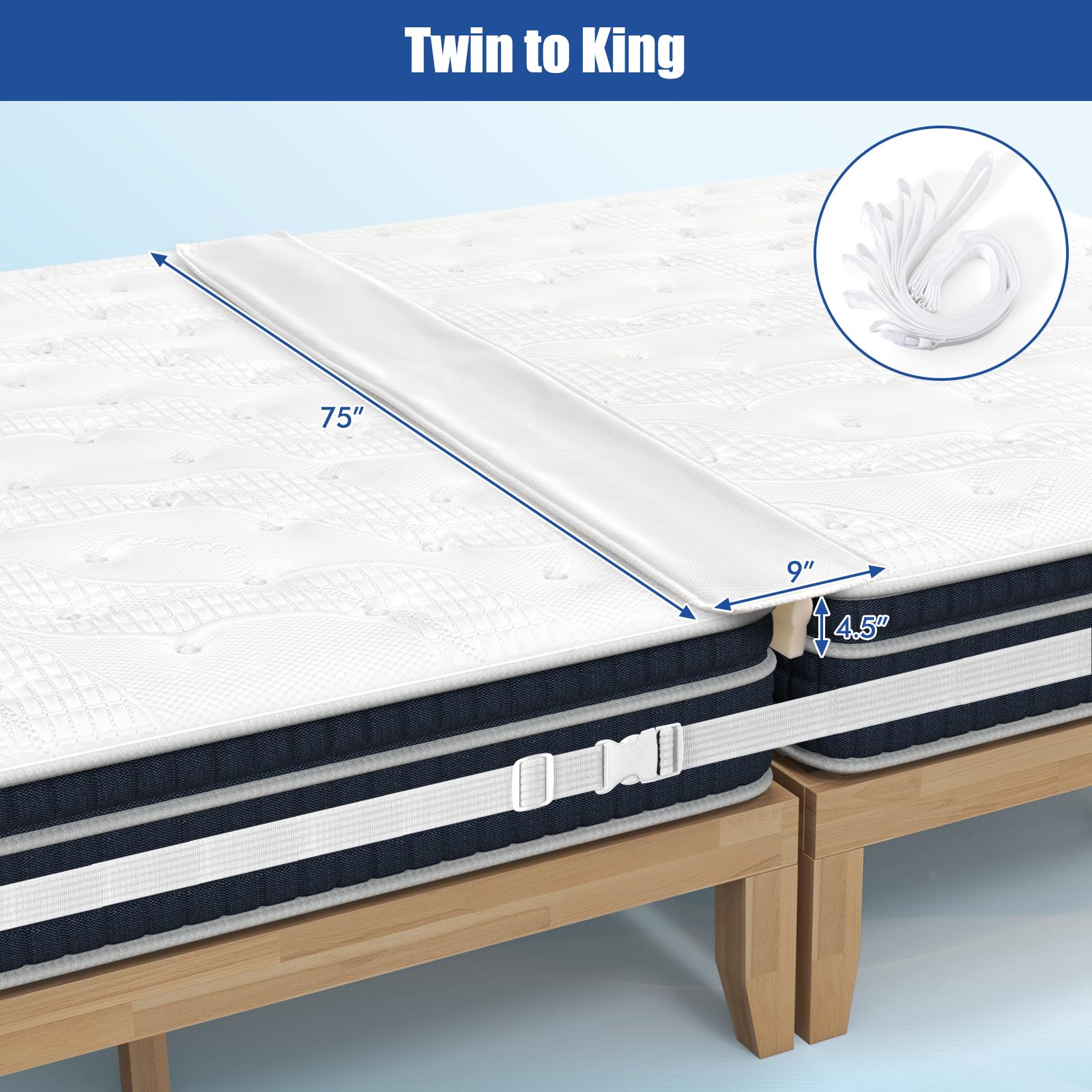 75&rdquo; X 9&rdquo; Wide Bed Bridge Twin to King Converter Kit, Mattress Connector Kit with Adjustable Strap, Split King Gap Filler