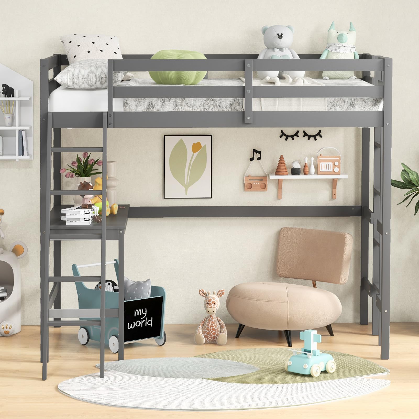 Twin Size Wood Loft Bed with Desk, 2 Ladders, Full Length Guardrail for Kids Teens Adults