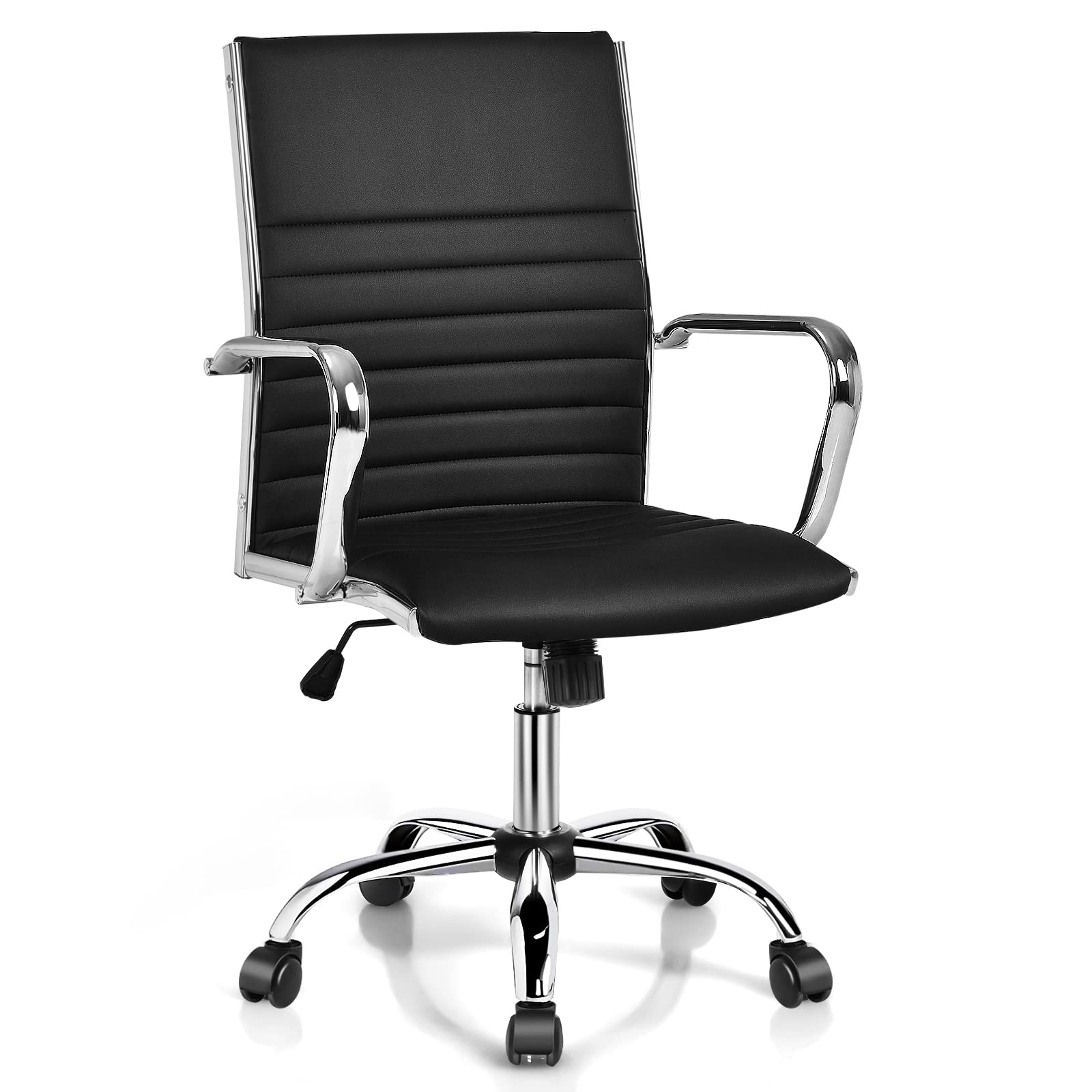 Ribbed Office Chair, Ergonomic Modern Leather Desk Chair with Adjustable Height & Arms, Swivel Mid Back Executive Conference Room Chairs