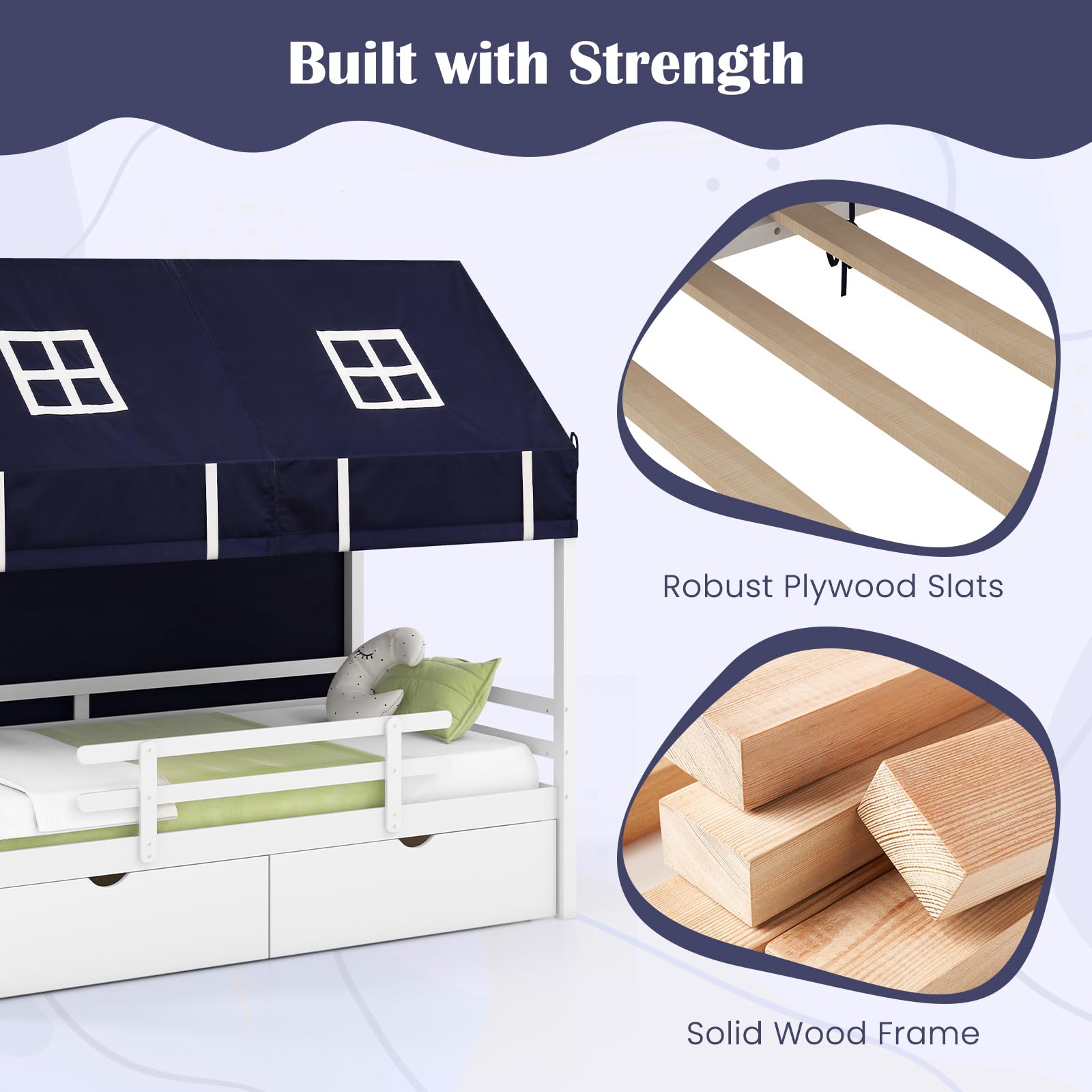 Twin House Bed with Tent, Wood Kids Bed with 2 Storage Drawers, Solid Wood Daybed Frame with Rails and Roof