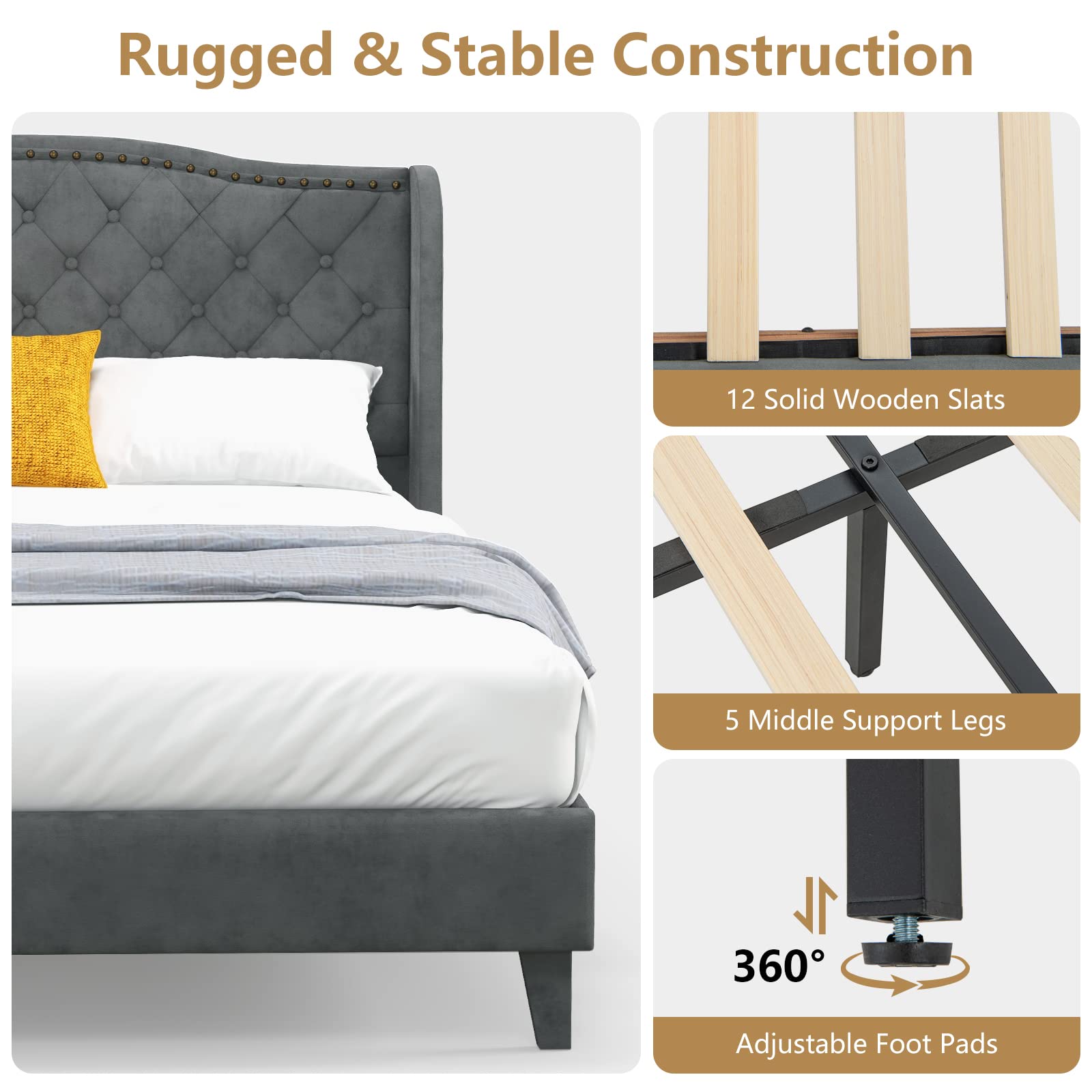 Full/Queen Size Velvet Upholstered Platform Bed Frame with Button Tufted Headboard