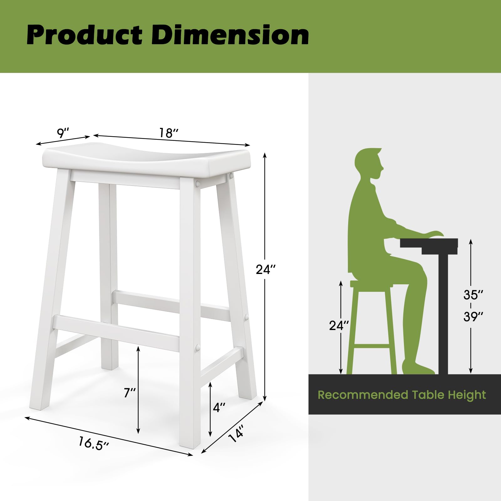 Saddle Stools Set of 2/4, 24-inch Counter Height Barstools with Solid Wood Legs & Footrests