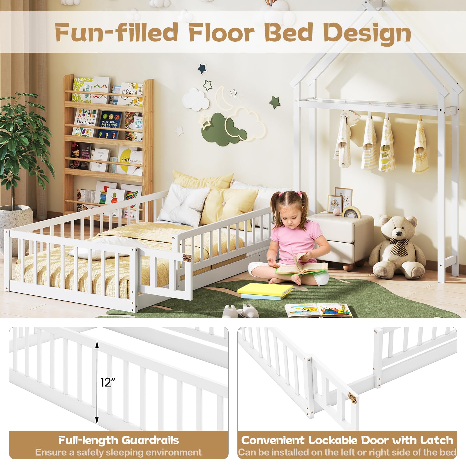 Twin Size Floor Bed with House-Shaped Headboard（Twin with Headboard）