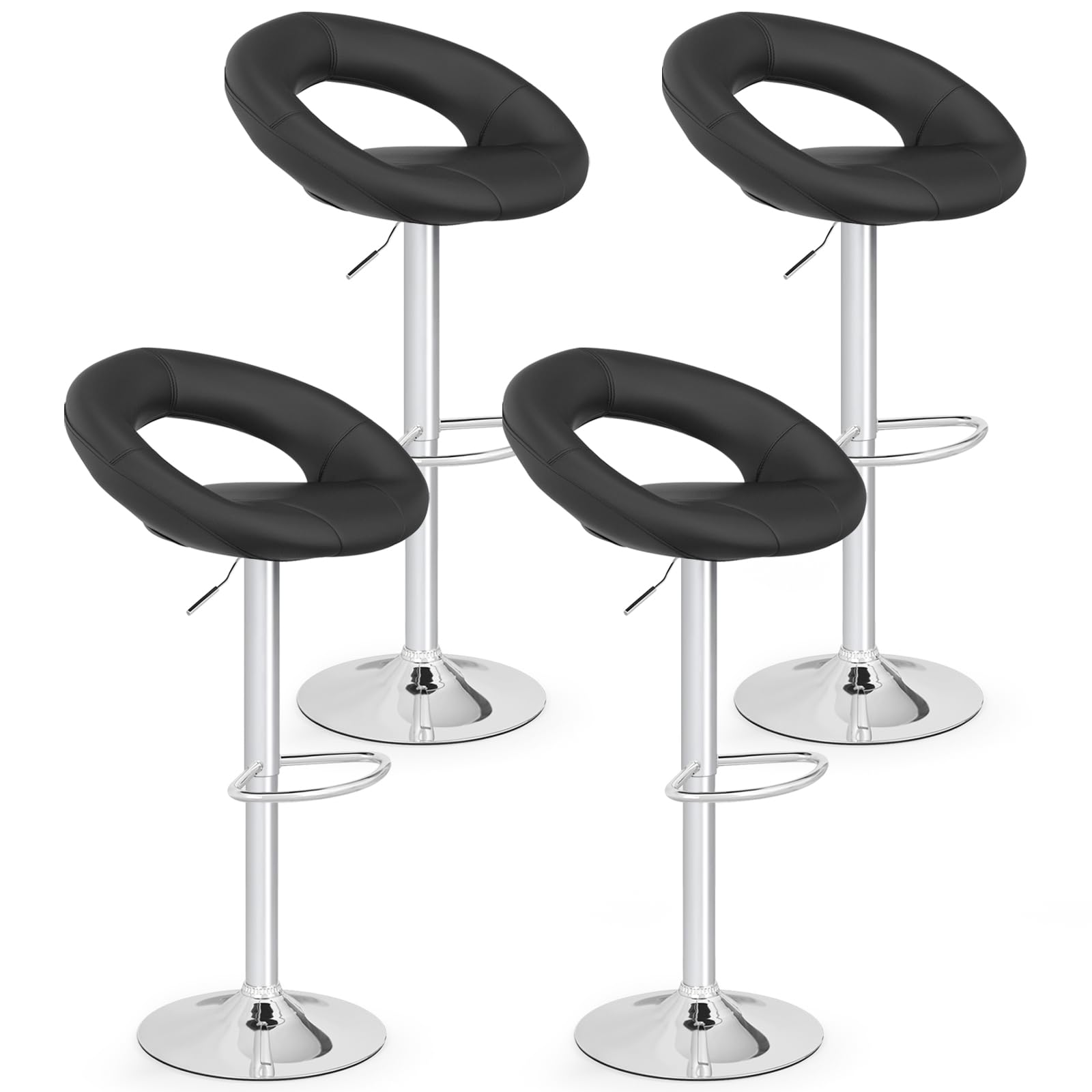 Adjustable Swivel Bar Stools Set of 2/4, Modern PU Leather Counter Height Bar Chairs w/Hollowed Back, Footrest, Metal Base