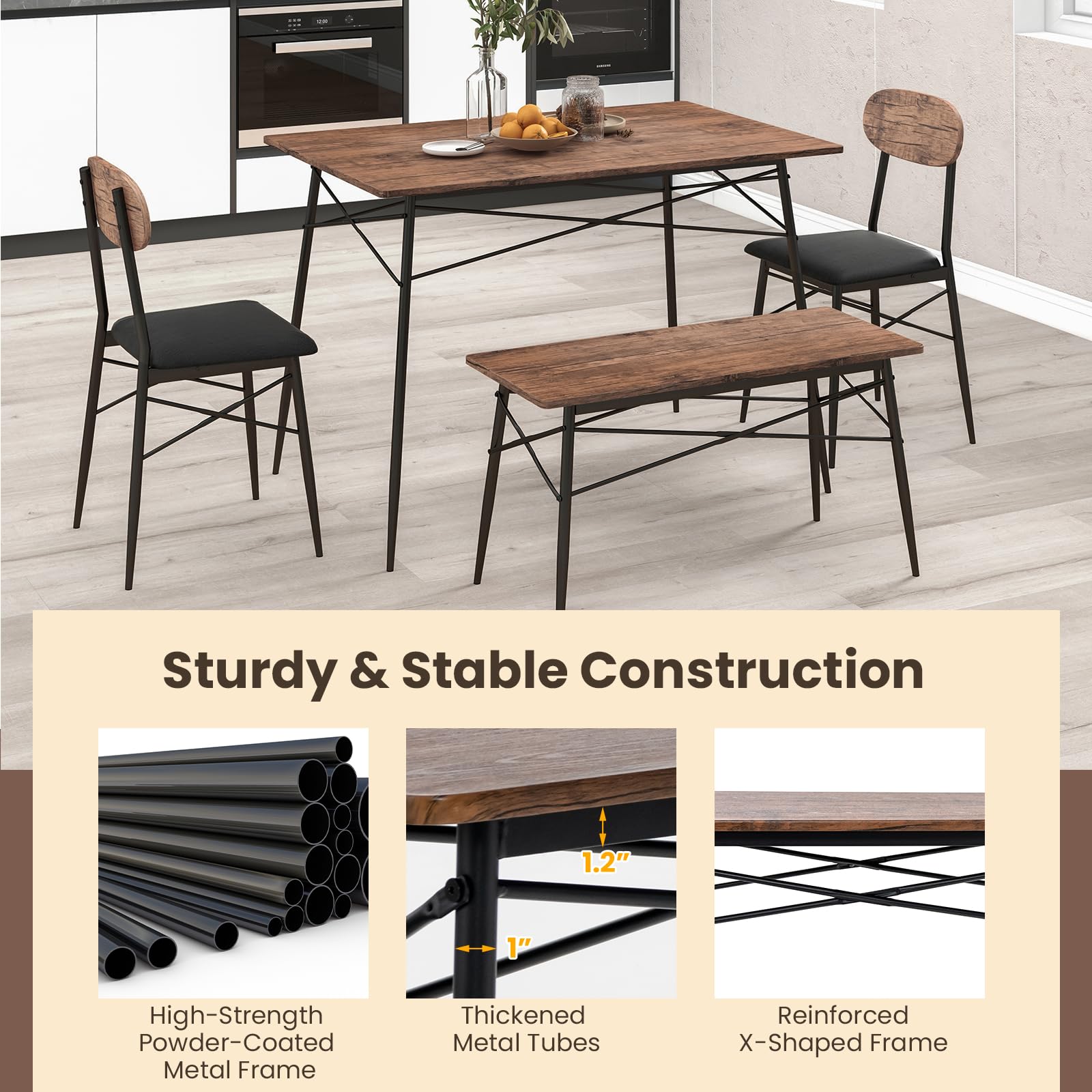 Dining Table Set for 4, Mid-Century Kitchen Furniture Set w/Kitchen Table, Bench & 2 Upholstered PVC Leather Chairs
