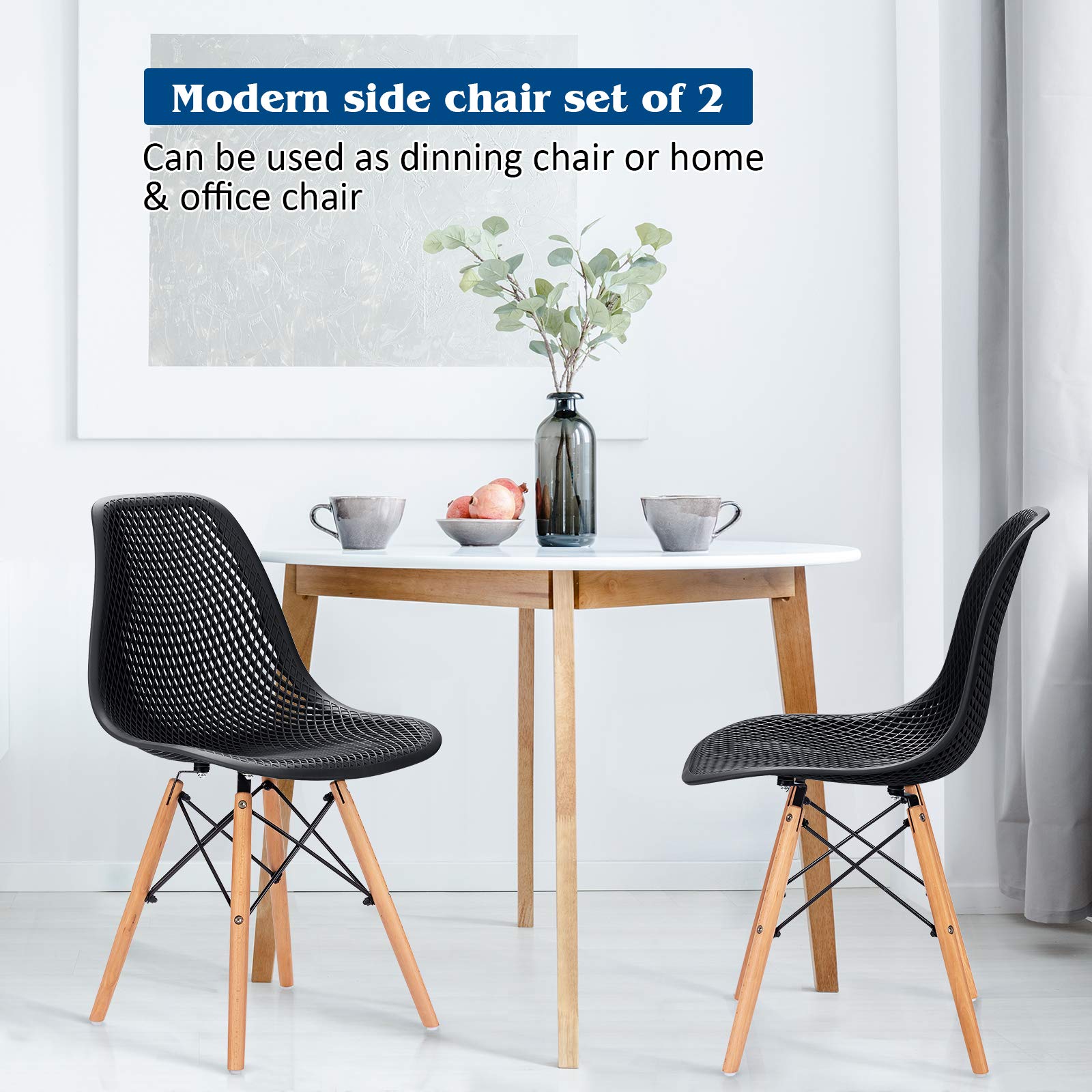 Set of 4 Modern Dining Chairs, Outdoor Indoor Shell PP Lounge Side Chairs with Mesh Design, Beech Wood Legs