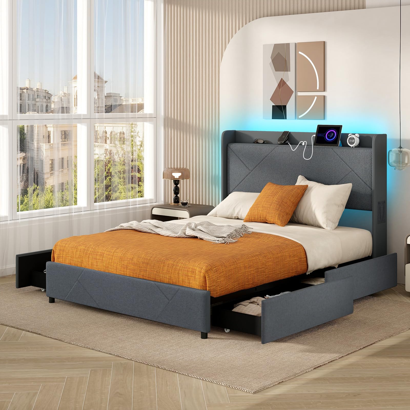 Upholstered Bed Frame with 4 Storage Drawers & LED Lights, Wingback Headboard & Charging Station