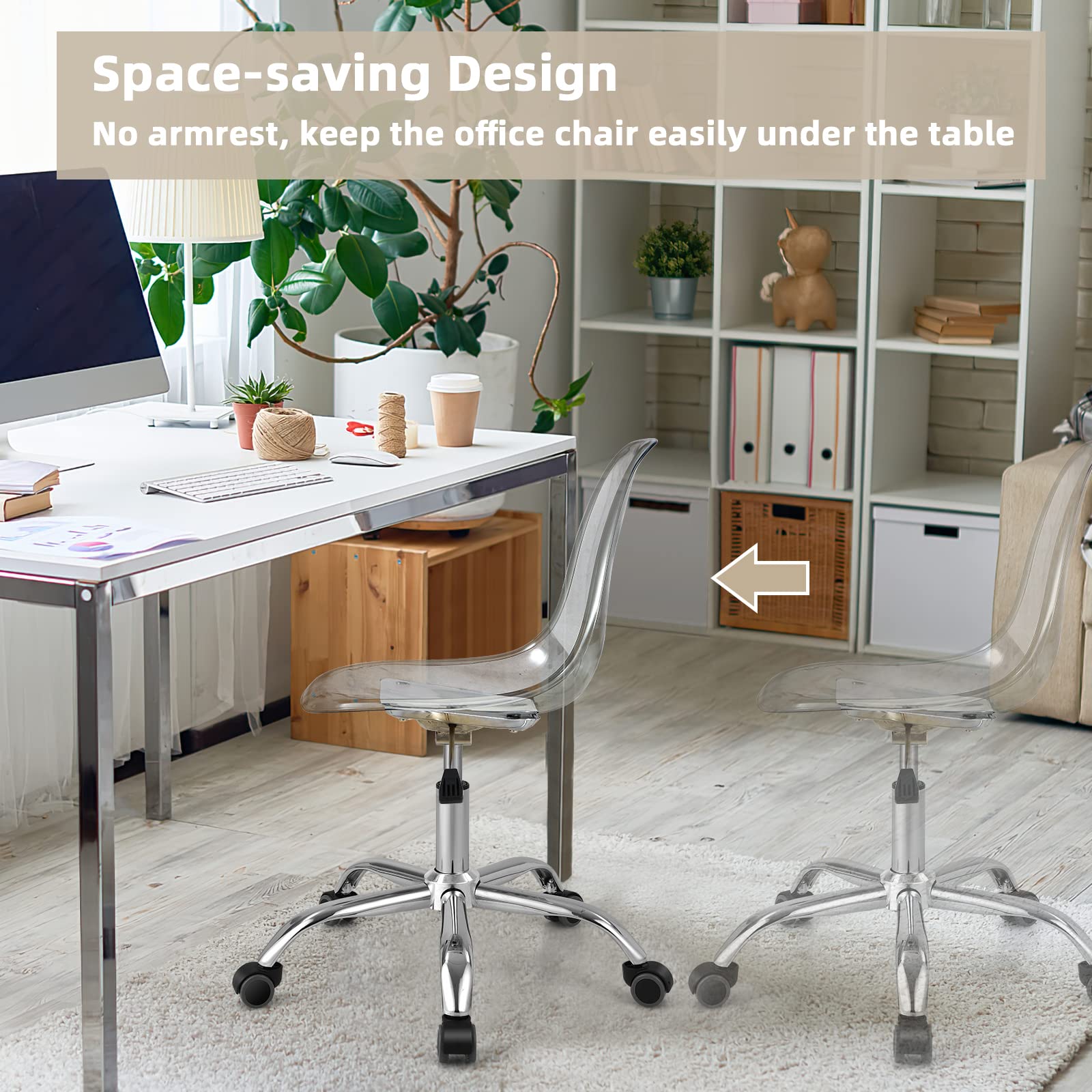 Acrylic Clear Desk Chair, Armless Swivel Vanity Ghost Plastic Chair with Sturdy Metal Base & Smooth Wheels