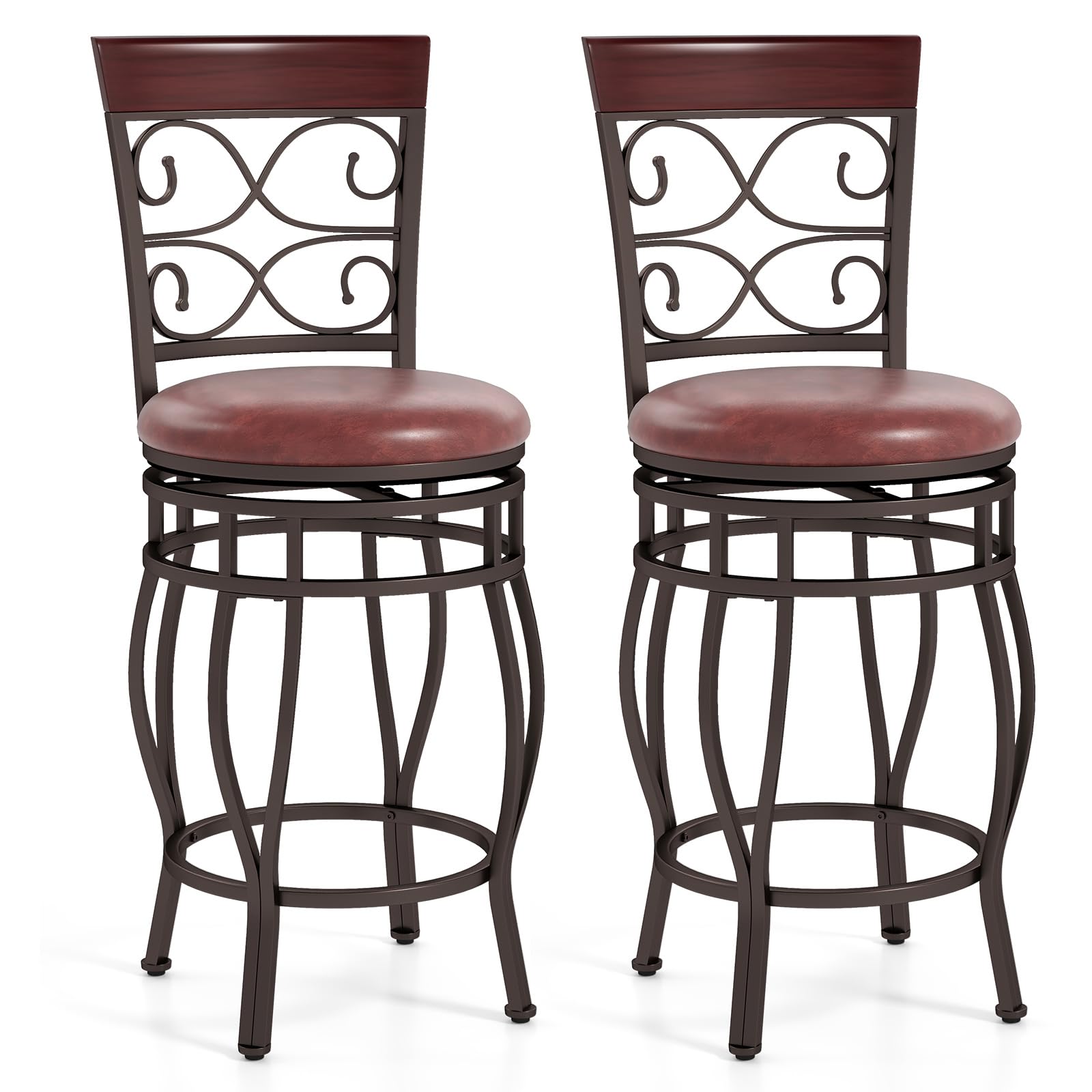Swivel Bar Stools Set of 2/4, Counter Height Bar Stools with Back, Upholstered PU Leather Seat, Footrest
