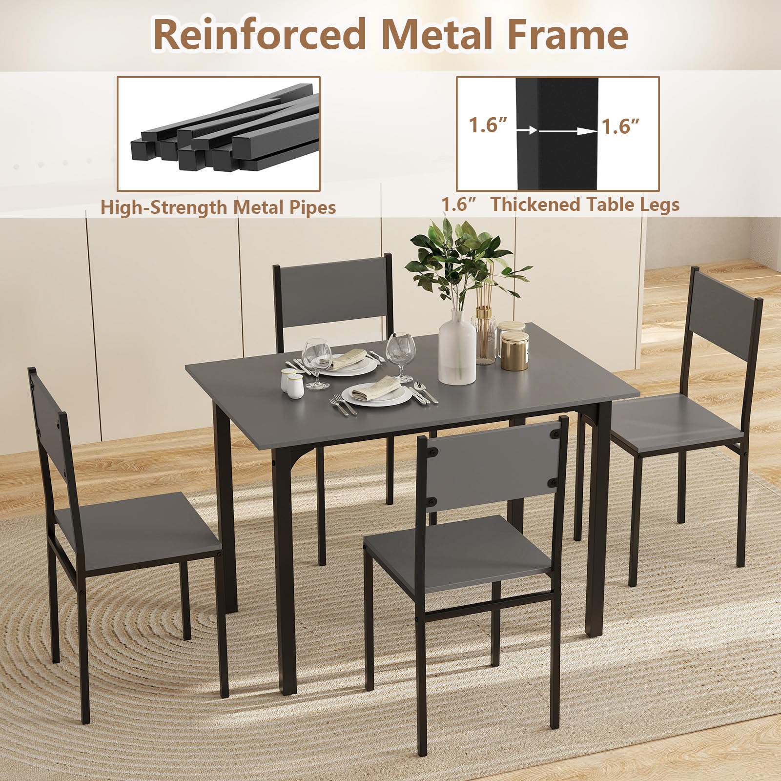 5-Piece Dining Table Set, Industrial Kitchen Table and Chairs for 4 with Backrest and Metal Frame