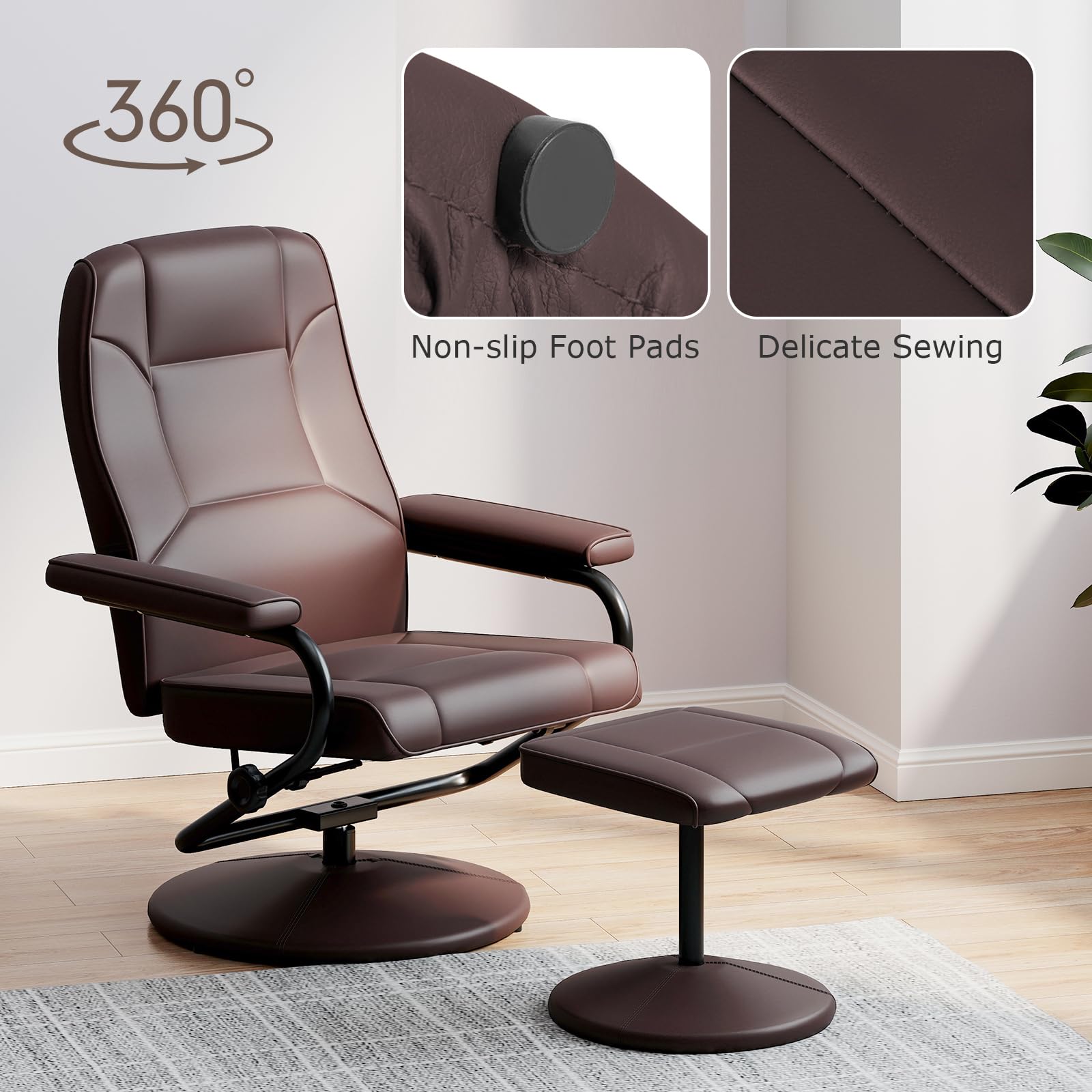 Recliner Chair with Ottoman, 360&deg; Swivel Faux Leather Reclining Chair w/Adjustable Backrest, Footrest