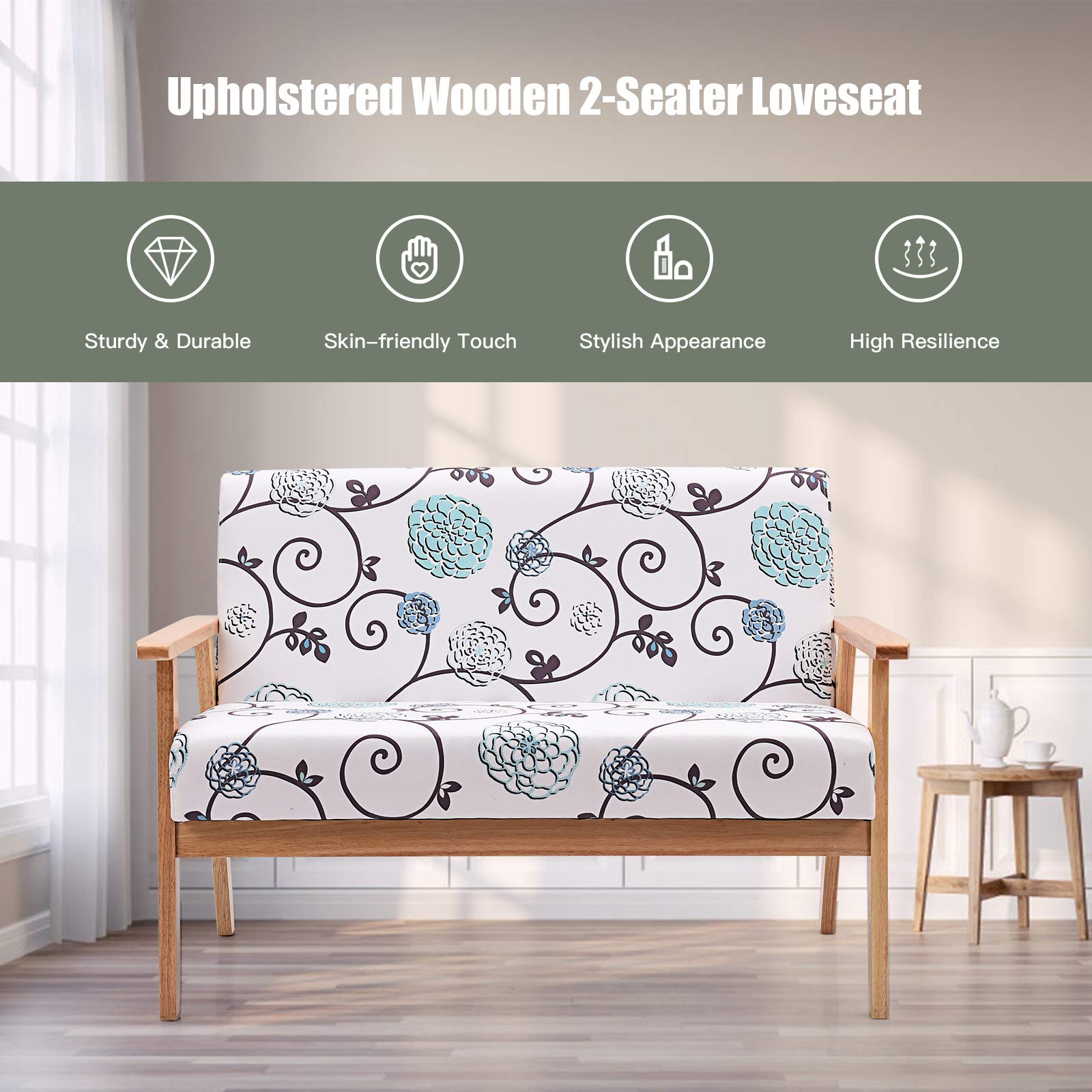 2-Seat Mid-Century Upholstered Wooden Loveseat w/Rubber Wood